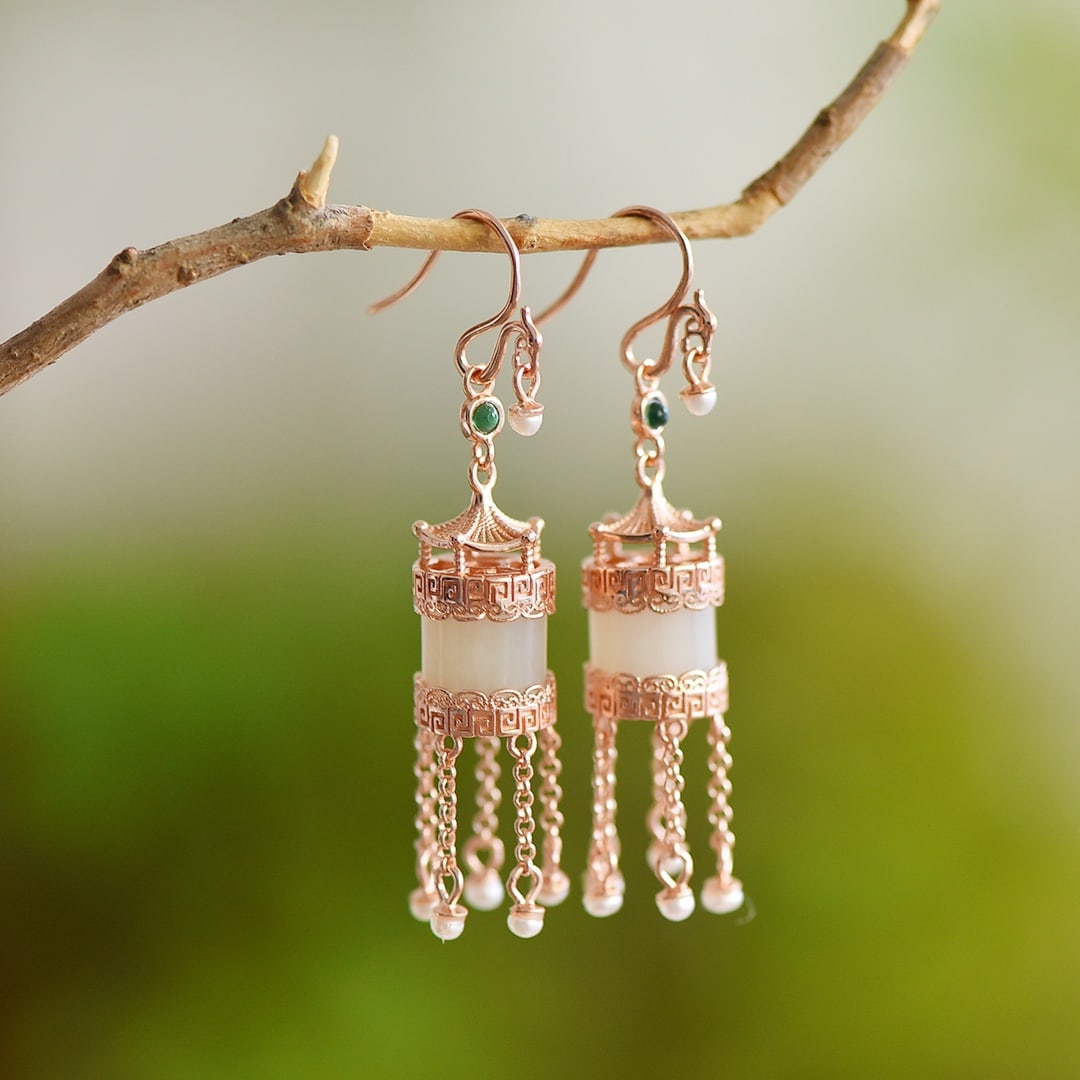 A Pair of Exquisite Sterling Silver-Gold Plated Inlaid White Jade Earrings: A Pair of Exquisite Sterling Silver-Gold Plated Inlaid White Jade Earrings, 一对纯银镀金镶白玉耳环