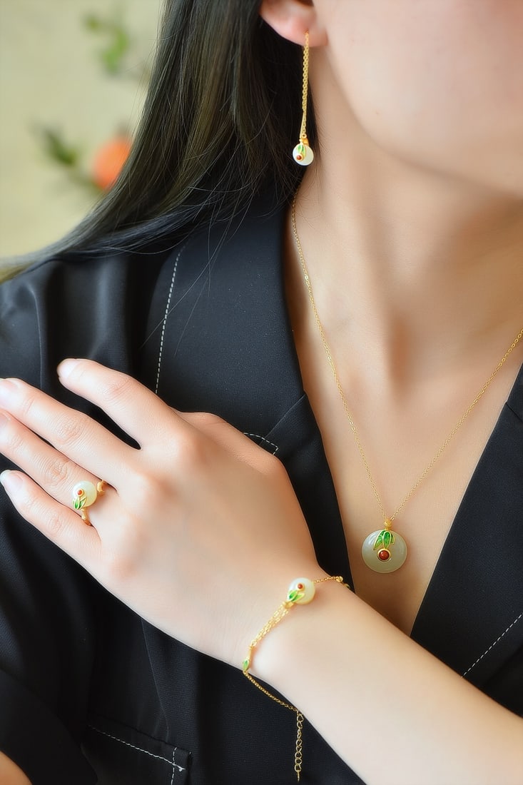 A Set of Fine Sterling Silver-Gold Plated Inlaid White Jade Jewelrys: A Set of Fine Sterling Silver-Gold Plated Inlaid White Jade Jewelrys 一套纯银镀金镶白玉首饰