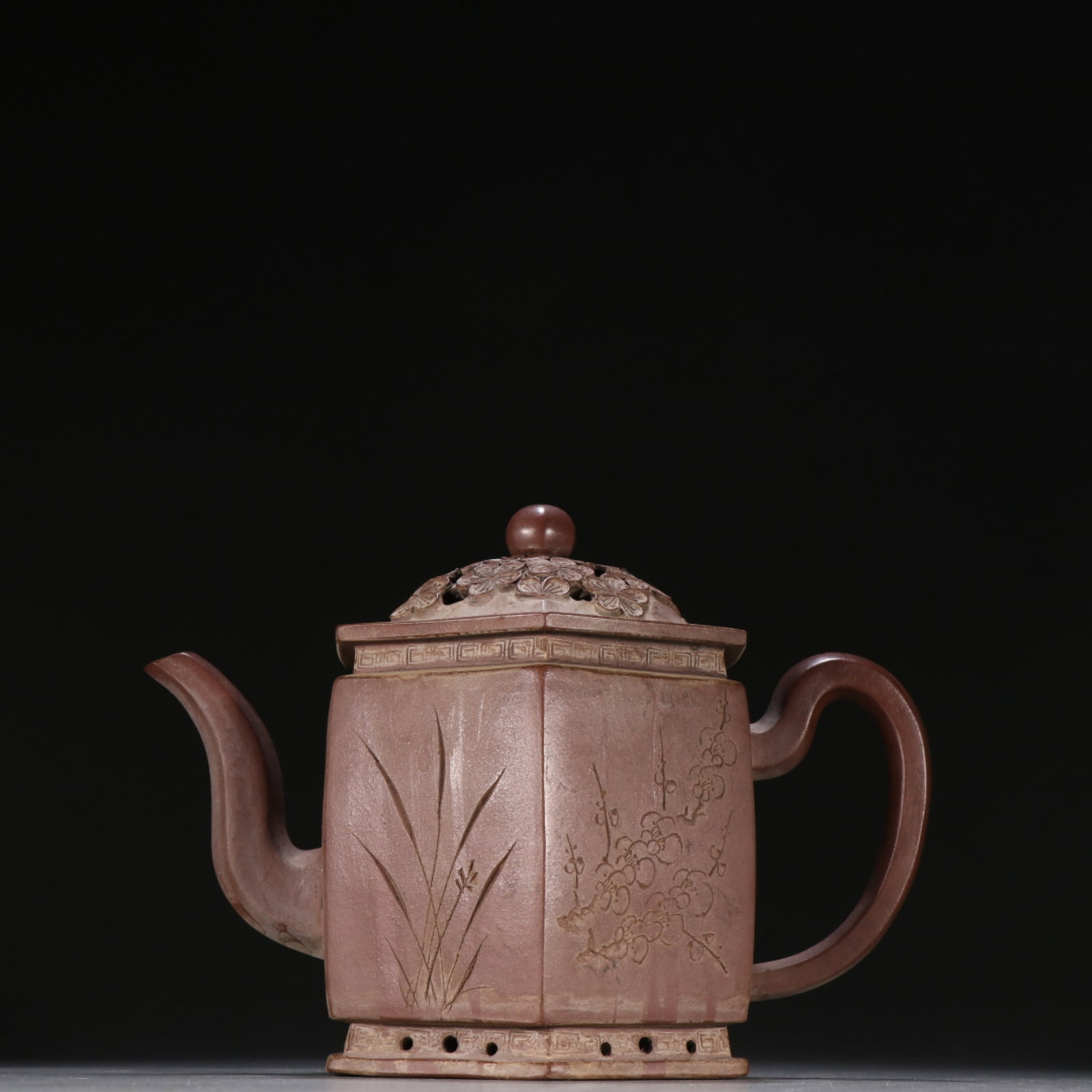 A Rare Purple Sands Plum Blossom,Orchid Bamboo and Chrysanthemum Pattern Teapot: A Rare Purple Sands Plum Blossom,Orchid Bamboo and Chrysanthemum Pattern Teapot,Qing Dynasty,China,Shao Hengyu Mark,Size:5.5inx7.5in 紫砂梅兰竹菊纹茶