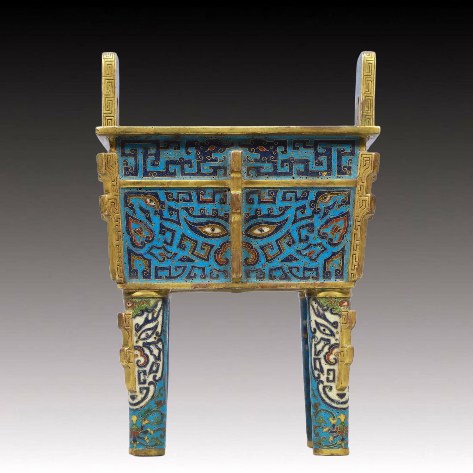 An Exquisite Cloisonne Beast-Face Pattern Double-Ears Censer: An Exquisite Cloisonne Beast-Face Pattern Double-Ears Censer,Qing Dynasty, China,Size:5.9inx4.3inx8.9in,Weight:1900g 景泰蓝兽面纹双耳香炉,&#