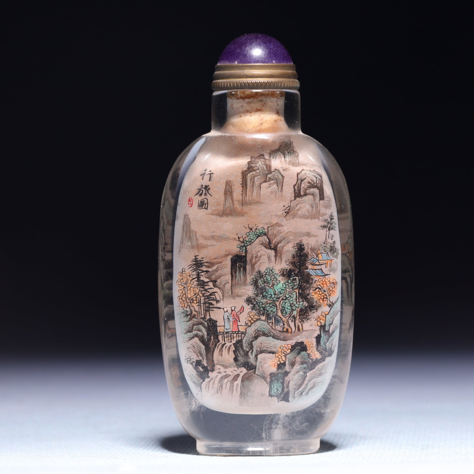 An Exquisite Glass Landscape and Figure Pattern Snuff Bottle: An Exquisite Glass Landscape and Figure Pattern Snuff Bottle,Qing Dynasty,China,Size:2.6inx1.4inx3.7in,Weight:143.3g 琉璃山水人物纹鼻烟壶,&#
