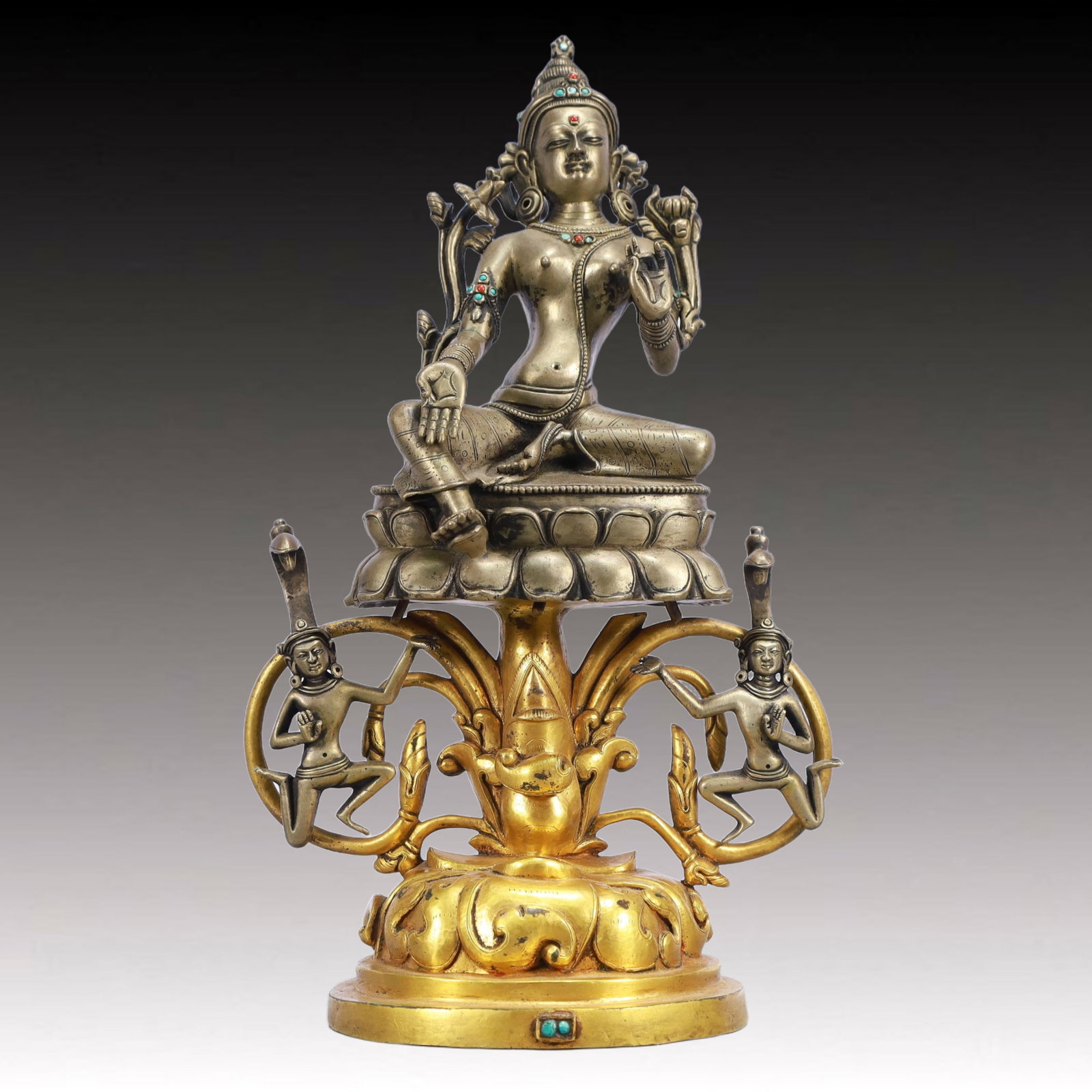 A Solemn Gilt Bronze Statue of Tara,Inlaid Turquoise: A Solemn Gilt Bronze Statue of Tara,Inlaid Turquoise,Ming Dynasty, China,Size:7.9inx5.1inx13.4in,Weight:3300g 铜鎏金度母像,嵌绿松石,中