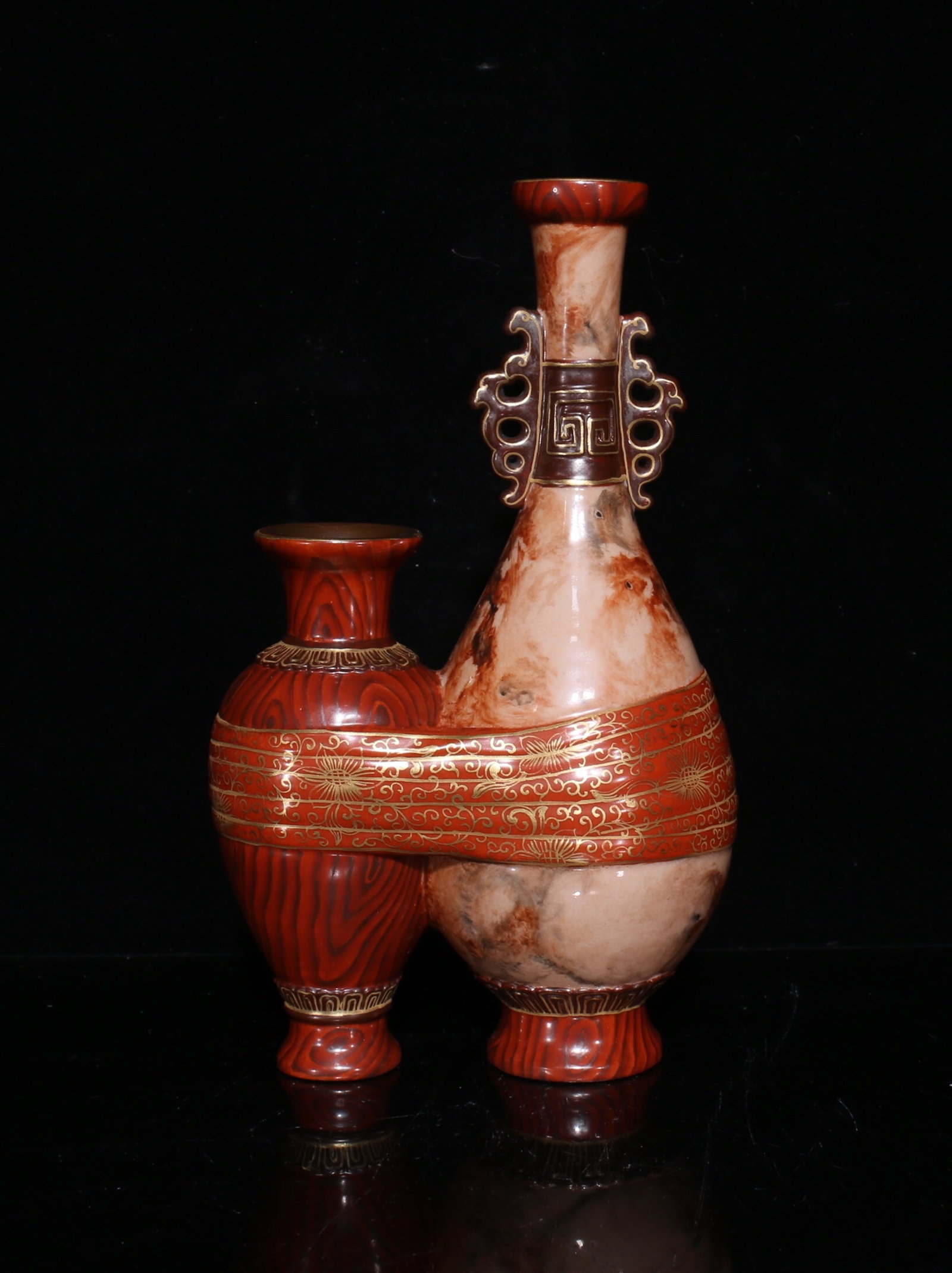 An Exquisite Imitation Wood Grain Glazed Painted Gold Conjoined Bottles (1 of 9)