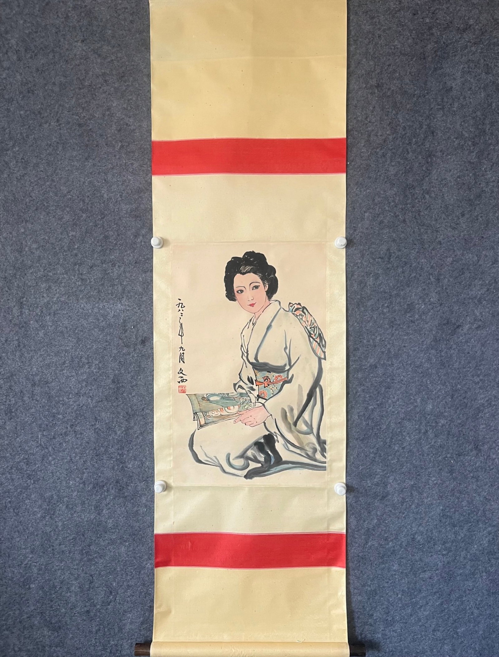 A Chinese Vertical Scroll Ink Painting of Figure on Paper: A Chinese Vertical Scroll Ink Painting of Figure on Paper,Liu Wenxi,Size:16.9inx26.8in 一幅中国水墨人物画立轴,刘文西
