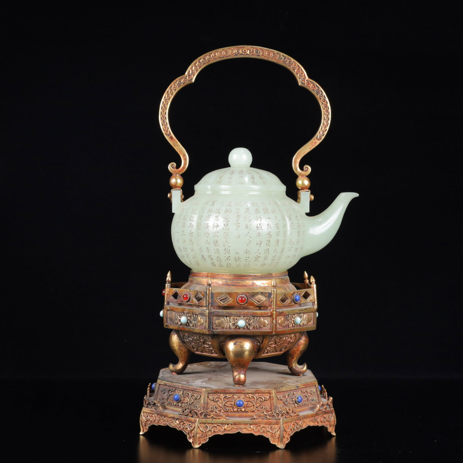 An Exquisite White Jade Poem Ewer with Gilt Bronze Handle,with Base: An Exquisite White Jade Poem Ewer with Gilt Bronze Handle,with Base,Qing Dynasty, China,Qianlong Four-character Mark,Size:5.7inx5.5inx11in,Weight:2100g