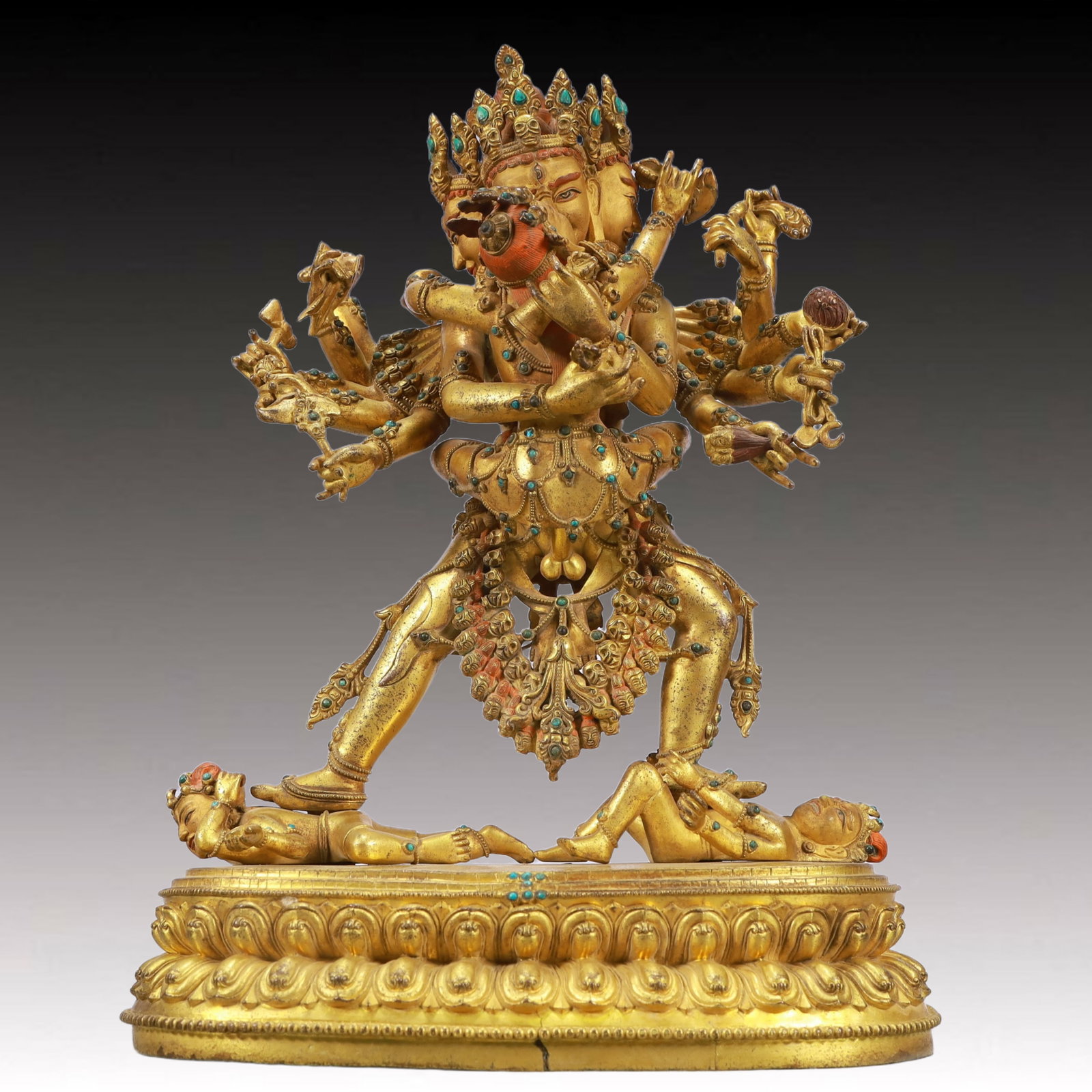 A Solemn Gilt Bronze Statue of Chakrasamvara: A Solemn Gilt Bronze Statue of Chakrasamvara,Ming Dynasty, China,Size:11inx9.8inx16.5in Weight:9600g 铜鎏金胜乐金刚像,中国明代