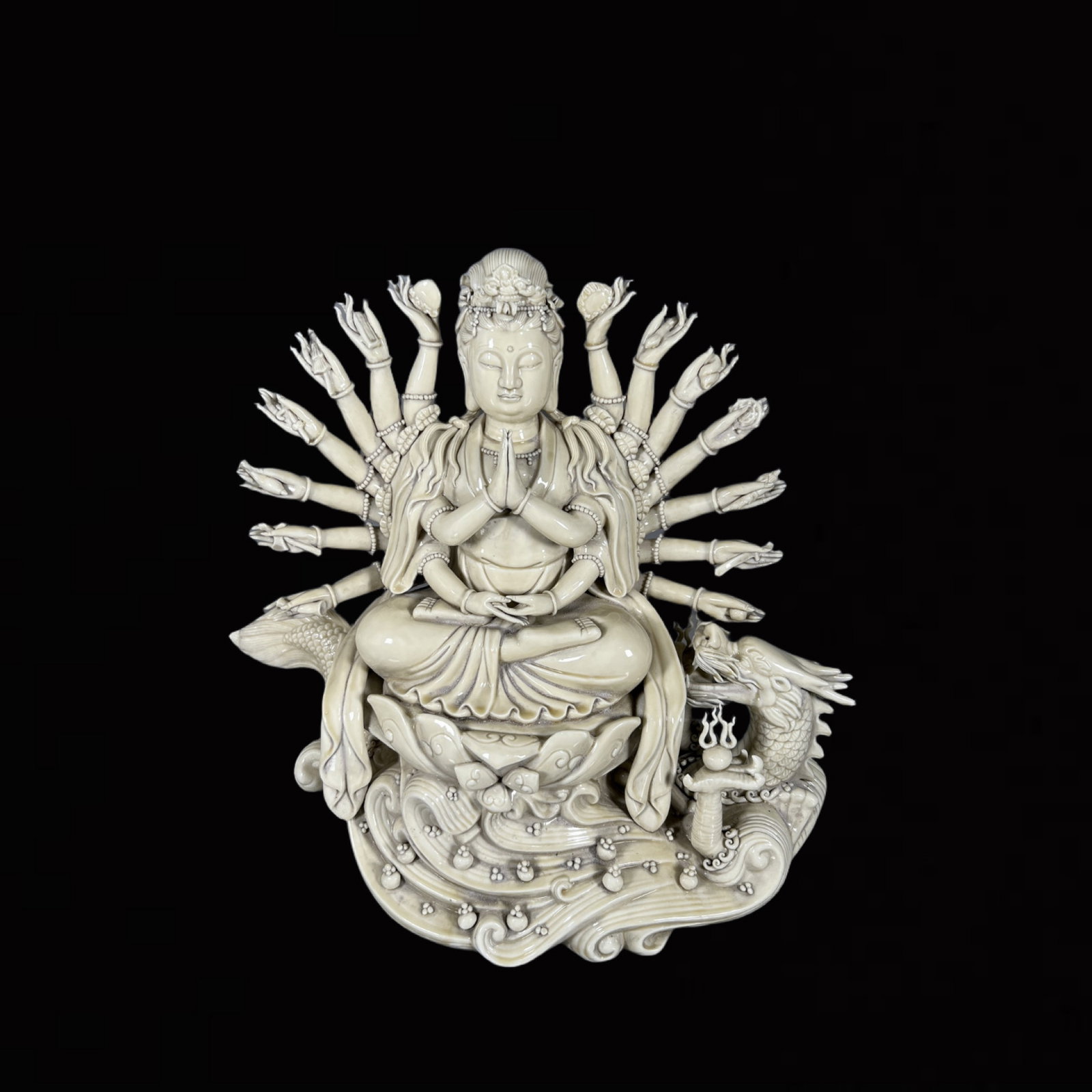 A Solemn Blance-De-Chine Statue of Thousand-hand Guanyin: A Solemn Blance-De-Chine Statue of Thousand-hand Guanyin,Ming Dynasty,China,He Chaozong Mark,Size:17.9in 德化瓷千手观音像,中国明ߣ