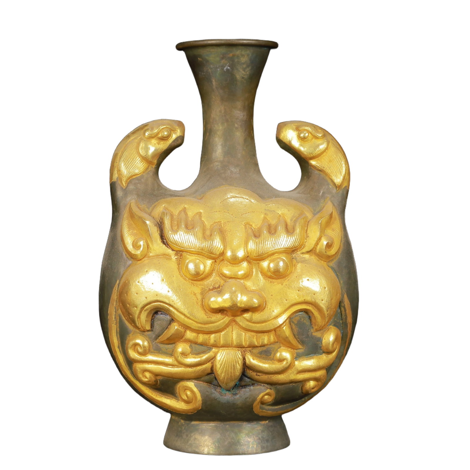 An Exquisite Gilt Silver Beast-Face Pattern Double-Ears Vase: An Exquisite Gilt Silver Beast-Face Pattern Double-Ears Vase,Tang Dynasty,China,Zhenguan Four-Character Mark,Size:5.1inx4.3inx7.9in,Weight:400g 银鎏金兽面纹双