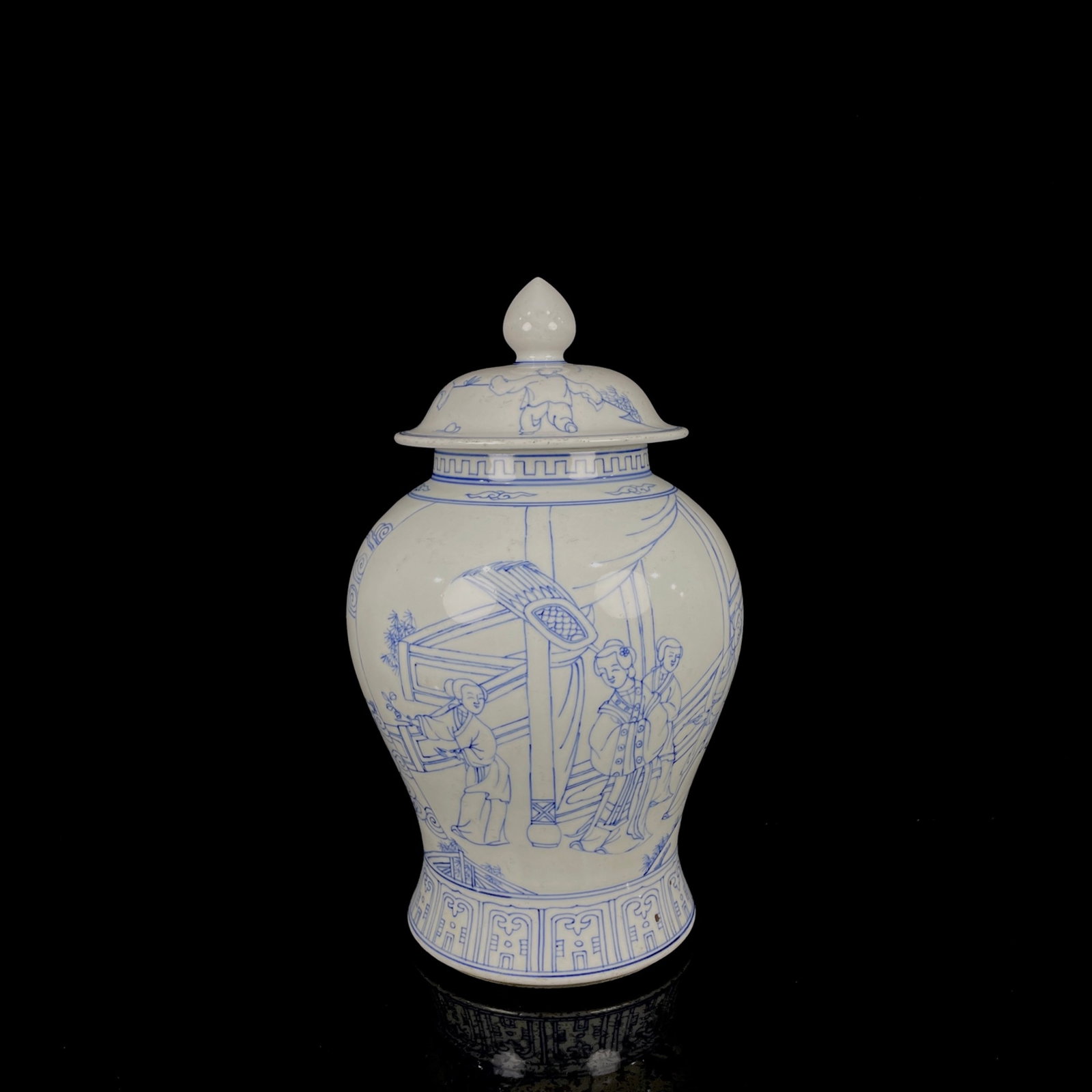 A Rare Blue and White Character and Story Pattern Jar with Cover: A Rare Blue and White Character and Story Pattern Jar with Cover,Qing Dynasty,China,Size:12.6inx7.9in