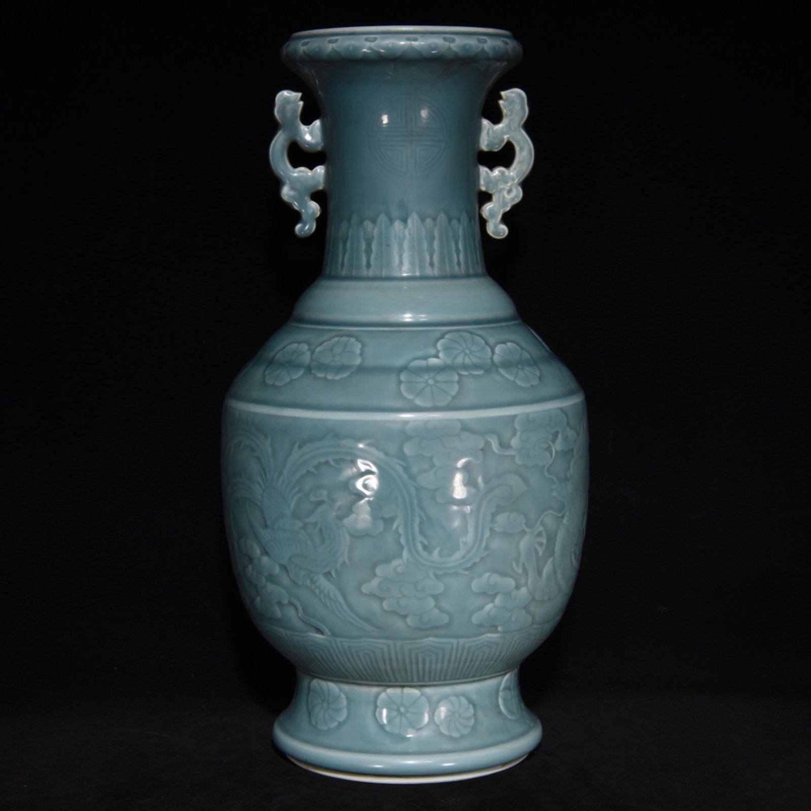 A Huge Celadon Glazed Dragon and Phoenix Pattern Double-Ears Vase: A Huge Celadon Glazed Dragon and Phoenix Pattern Double-Ears Vase,Qing Dynasty,China,Qianlong Six-Character Mark,Size:20.7inx10.6in 青釉龙凤纹双耳瓶,