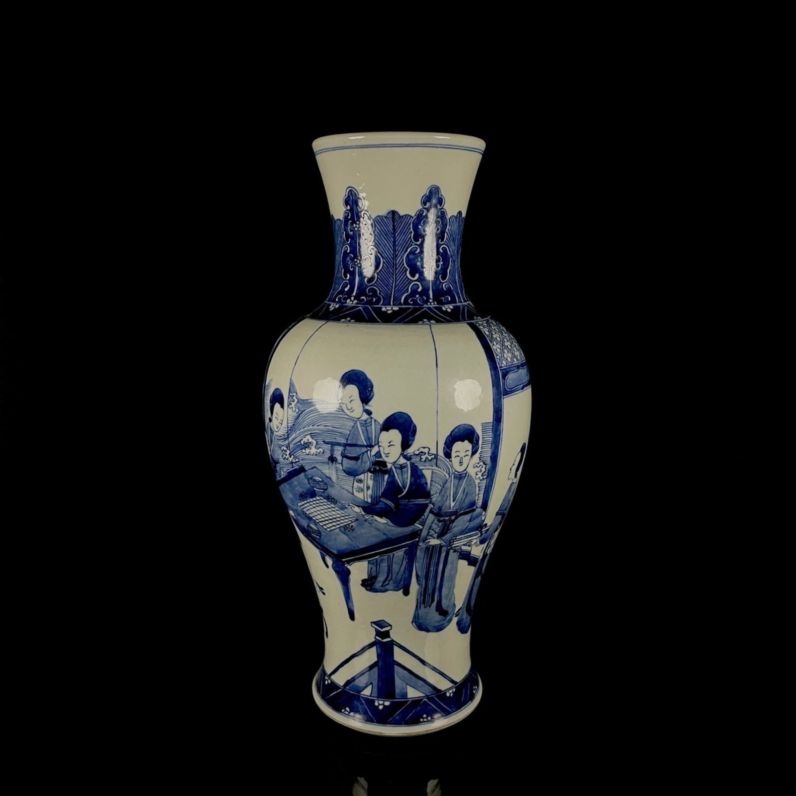A Rare Blue and White Character and Story Pattern Vase: A Rare Blue and White Character and Story Pattern Vase,Qing Dynasty,China,Kangxi Six-character Mark,Size:15inx7.1in 青花人物故事纹瓶,中国