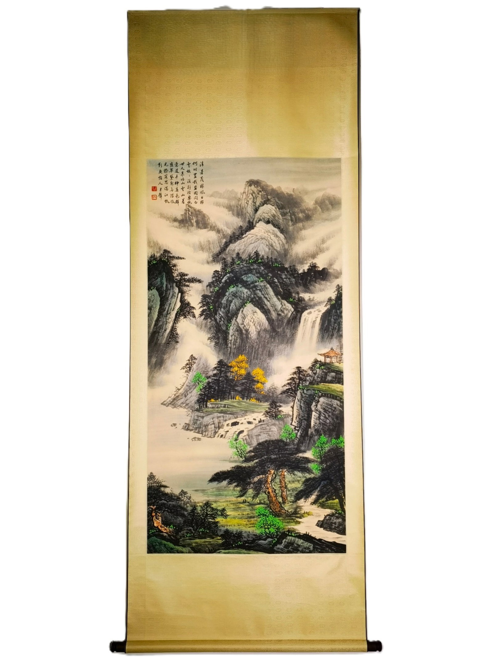 A Chinese Vertical Scroll Ink Painting of Landscape on Paper: A Chinese Vertical Scroll Ink Painting of Landscape on Paper,Huang Junbi,Size:(overall length)92.1inx31.9in,(Without frame)54.3inx26.4in 一幅中国水墨山水