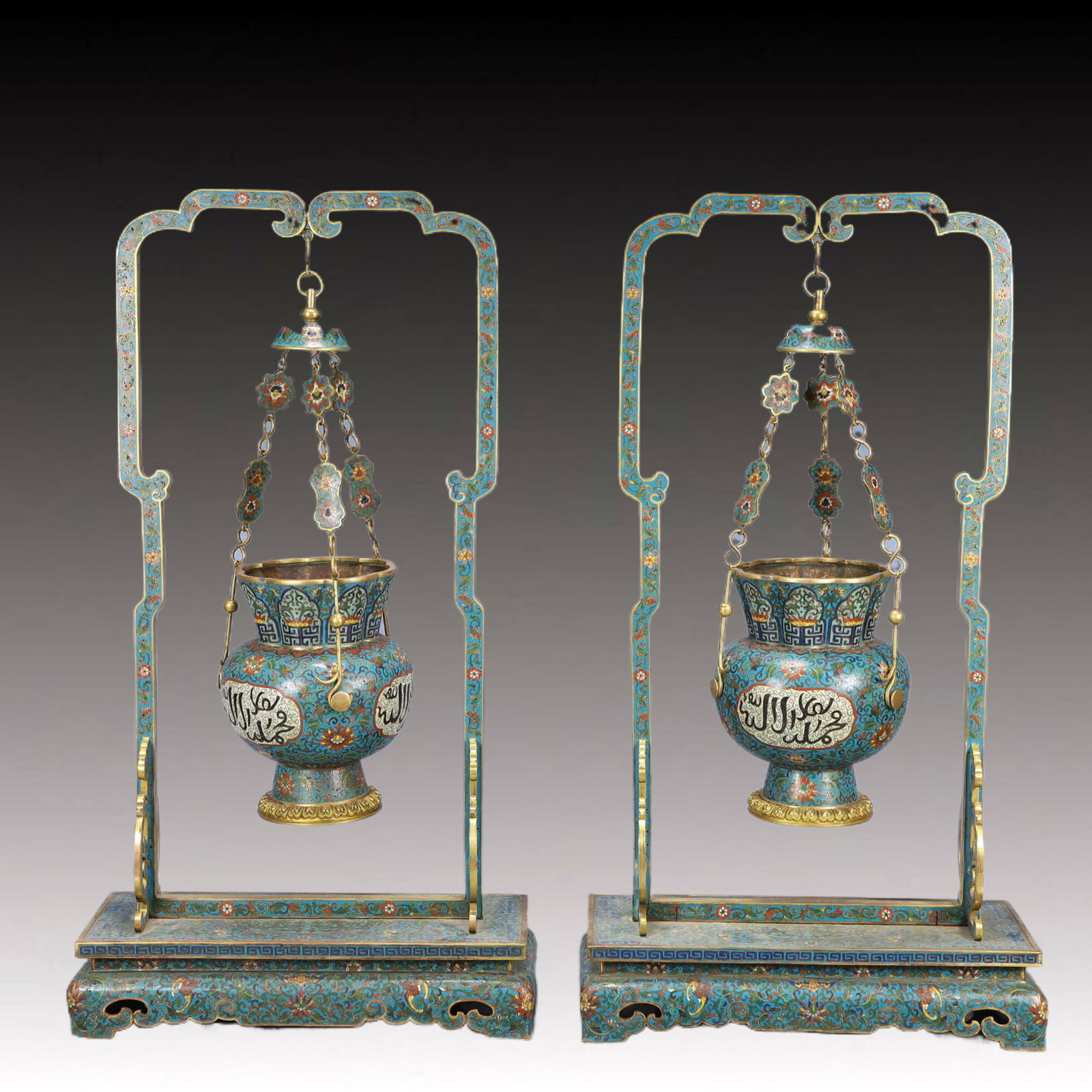 A Pair of Huge Cloisonne Lotus Pattern Censers,With Sanskrit: A Pair of Huge Cloisonne Lotus Pattern Censers,With Sanskrit,Qing Dynasty,China,Qianlong Four-character Mark,Size:13.8inx5.7inx26in,Total Weight:15500g 一对景泰蓝缠