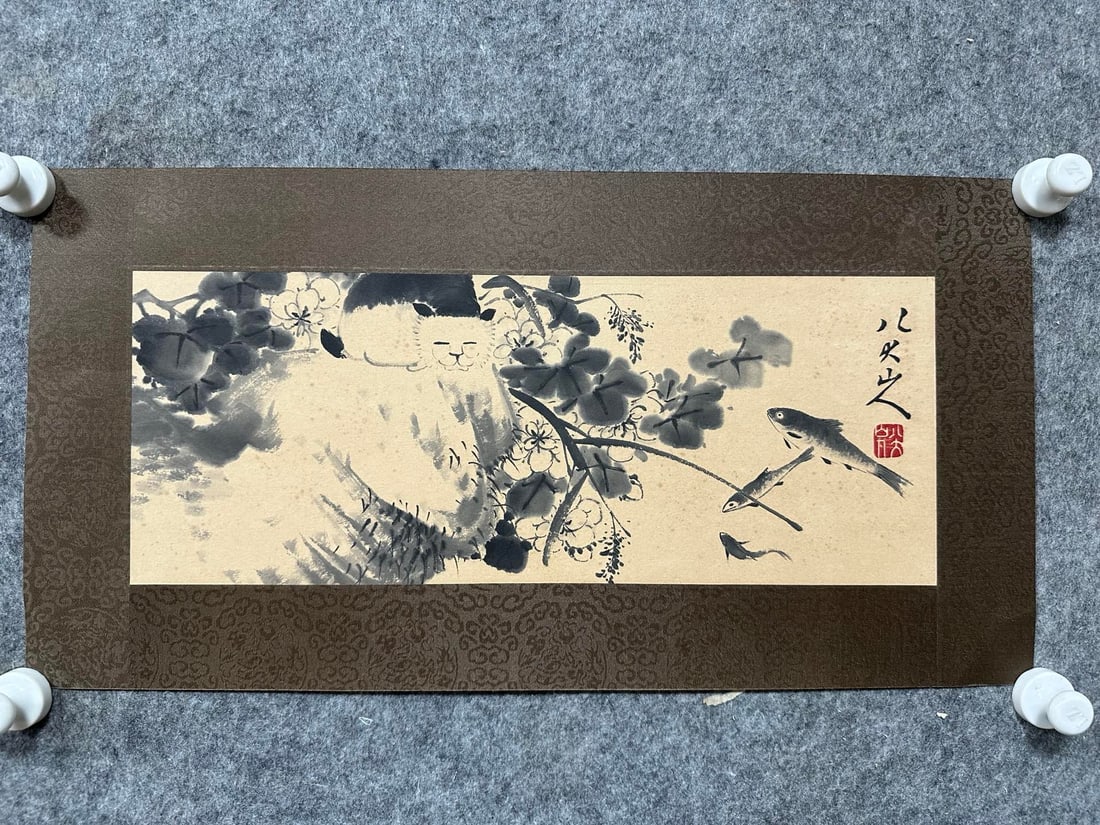 A Chinese Ink Painting of Flower and Cat on Paper ,Bada Shanren: A Chinese Ink Painting of Flower and Cat on Paper ,Bada Shanren,Size:(Without frame)7.1inx18.3in 一幅中国水墨花卉猫图,八大ा