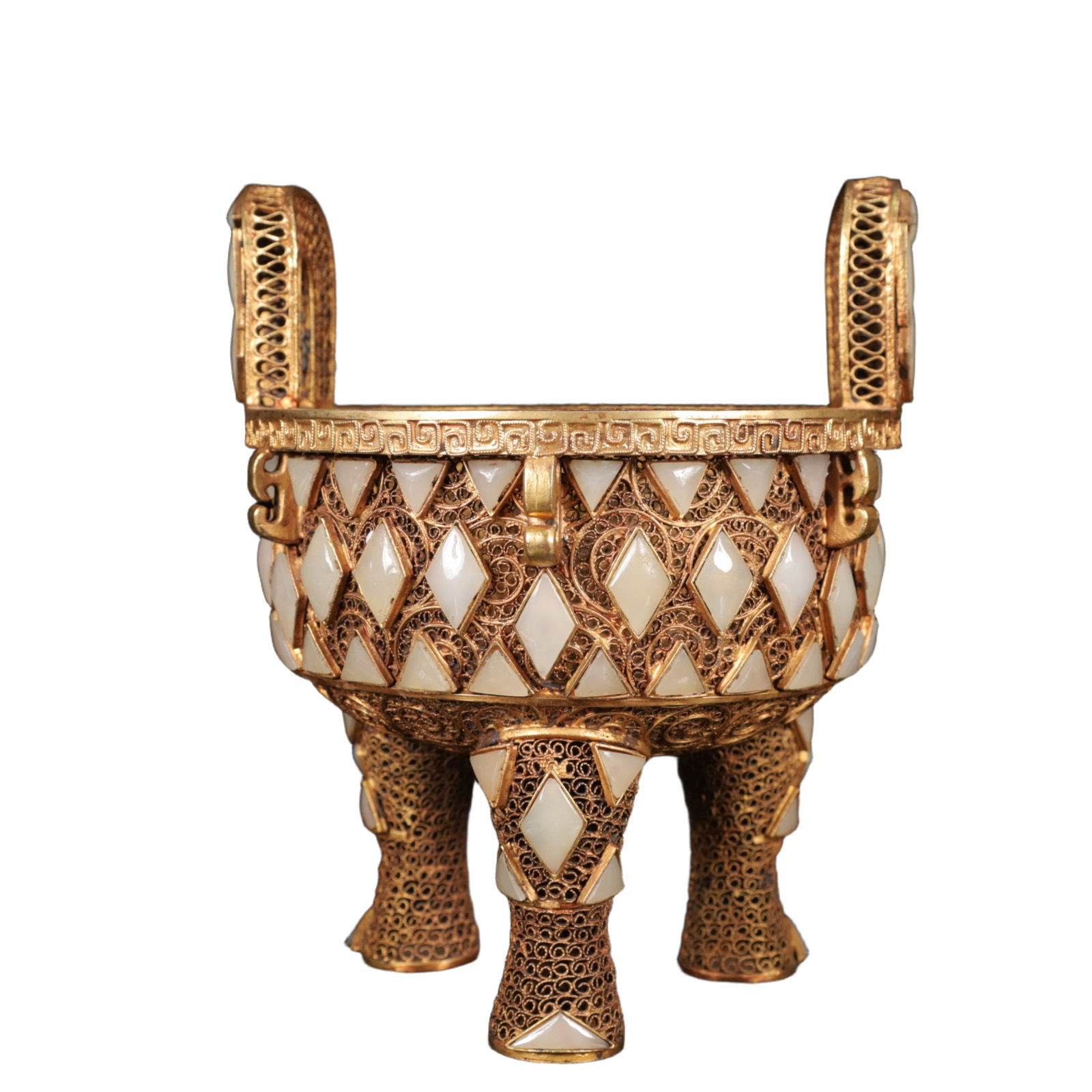 An Exquisite Gilt Bronze Inlaid White Jade Double-Ears and Tripod Censer: An Exquisite Gilt Bronze Inlaid White Jade Double-Ears and Tripod Censer,Qing Dynasty,China,Size:5.5inx6.9in,Weight:600g 铜鎏金嵌白玉双耳三足