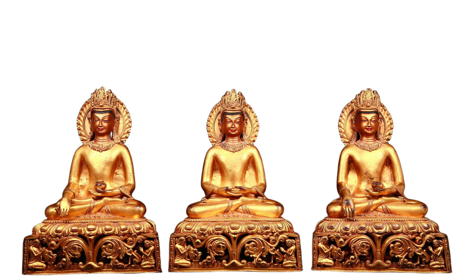 A group of stunning gilt bronze Bodhisattva statues: A group of stunning gilt-bronze Bodhisattva statues with inscriptions, Qing Dynasty, China, with solemn and kind faces and deep eyes, as if they can see into the suffering of all sentient beings,