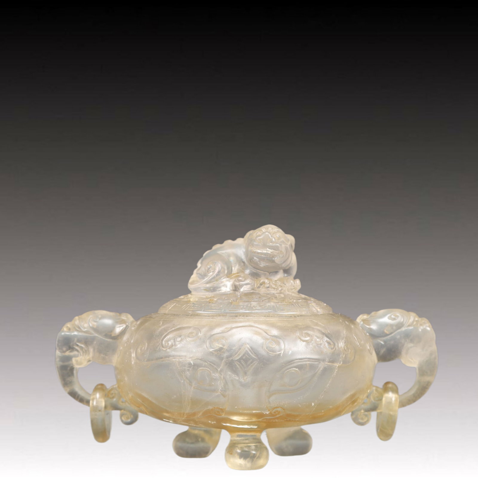 An Exquisite Crystal Beast-Face Pattern Double-Ears and Tripod Censer: An Exquisite Crystal Beast-Face Pattern Double-Ears and Tripod Censer,Qing Dynasty, China,Size:5.7inx3.7inx3.5in Weight:300g 水晶兽面纹双耳三足