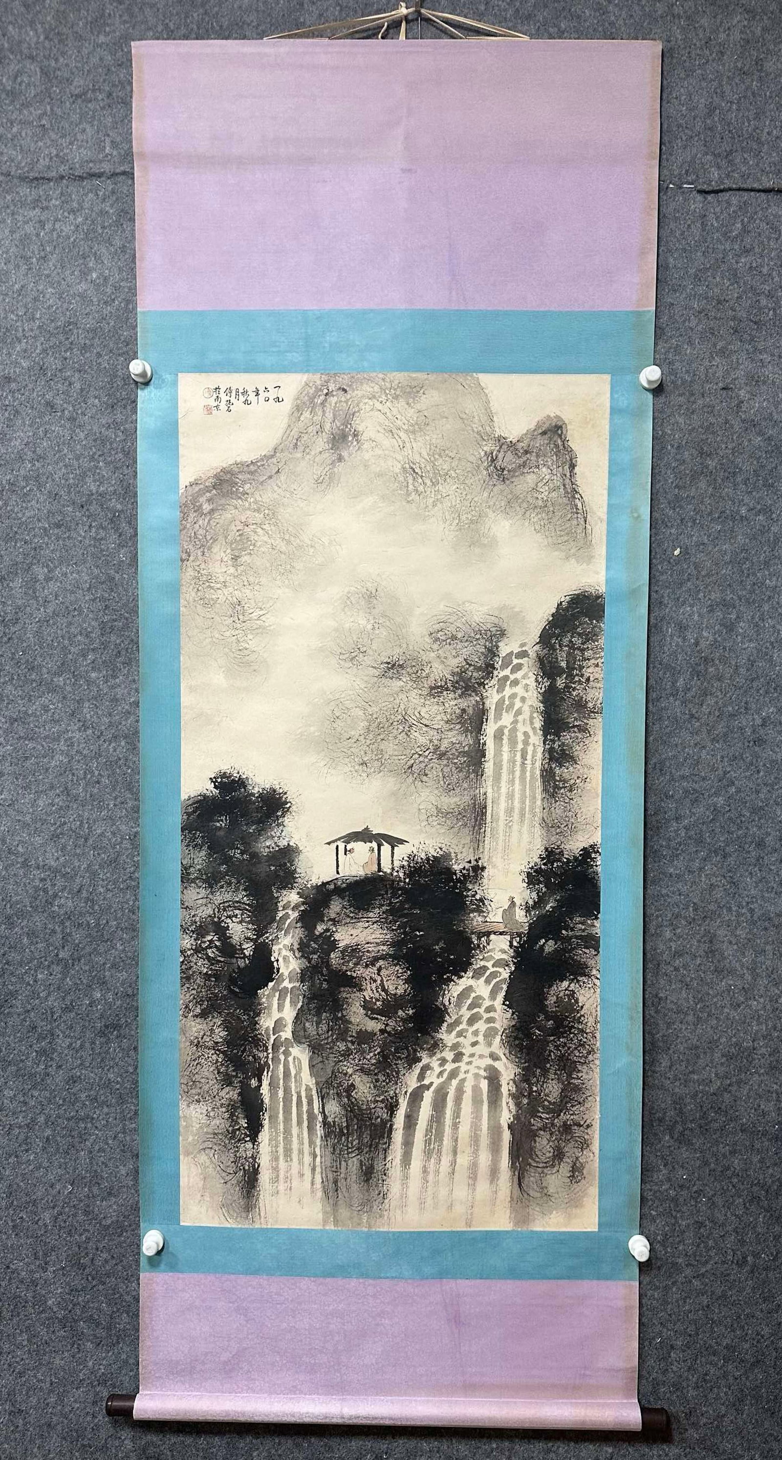 A Chinese Vertical Scroll Ink Painting of Landscape on Paper: A Chinese Vertical Scroll Ink Painting of Landscape on Paper,Fu Baoshi,Size:26.8inx53.9in