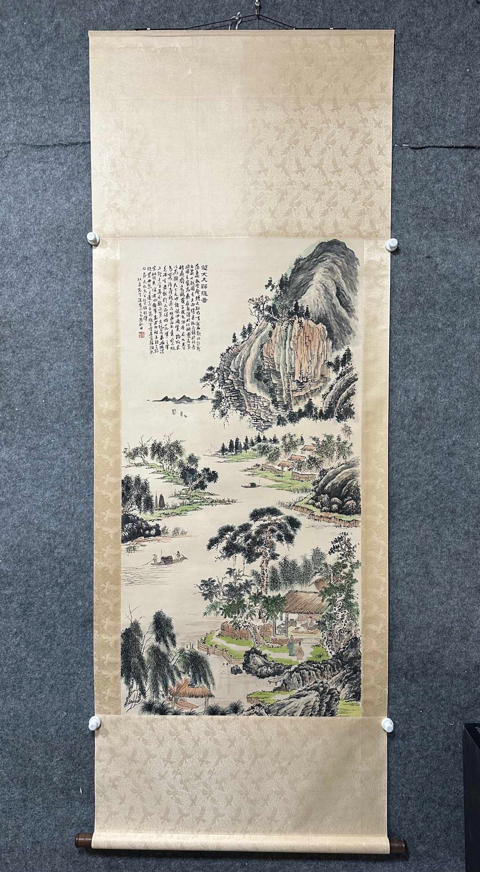 A Chinese Vertical Scroll Ink Painting of Landscape on Paper: A Chinese Vertical Scroll Ink Painting of Landscape on Paper,Qian Songyan,Size:27inx53.1in