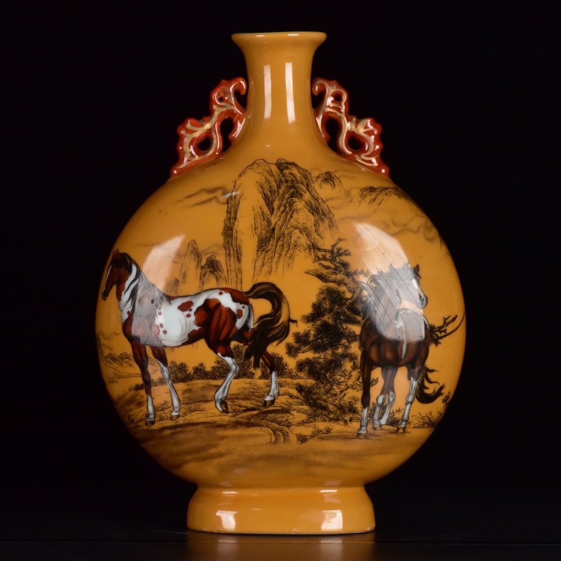 A Rare Yellow Glazed Famille-Rose Horse Pattern Double-Ears Vase,with Poem: A Rare Yellow Glazed Famille-Rose Horse Pattern Double-Ears Vase,with Poem,Qing Dynasty,China,Qianlong Six-Character Mark,Size:14.6inx10.2inx4.5in