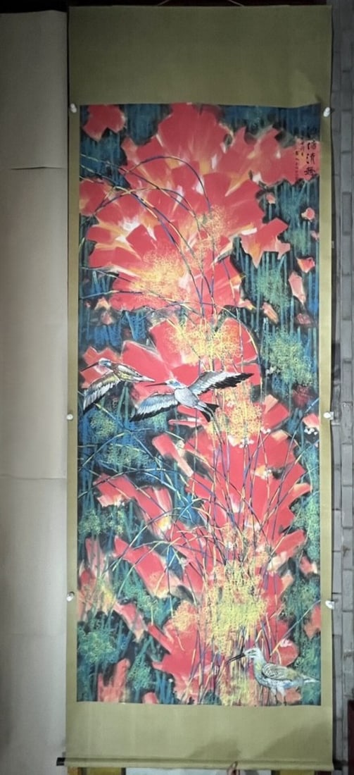 A Chinese Vertical Scroll Ink Painting of Flower and Bird on Paper: A Chinese Vertical Scroll Ink Painting of Flower and Bird on Paper,Huang Yongyu,Size:141.7inx57.1in 一幅中国水墨花鸟画立轴,黄