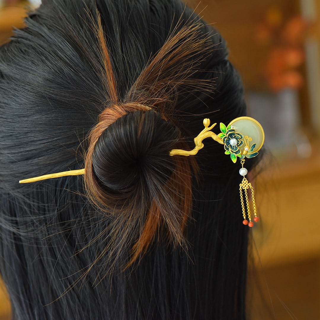An Exquisite Sterling Silver-Gold Plated Inlaid White Jade Enamel Hairpin,Inlaid Pearl: An Exquisite Sterling Silver-Gold Plated Inlaid White Jade Enamel Hairpin,Inlaid Pearl,Size:0.9inx0.9in