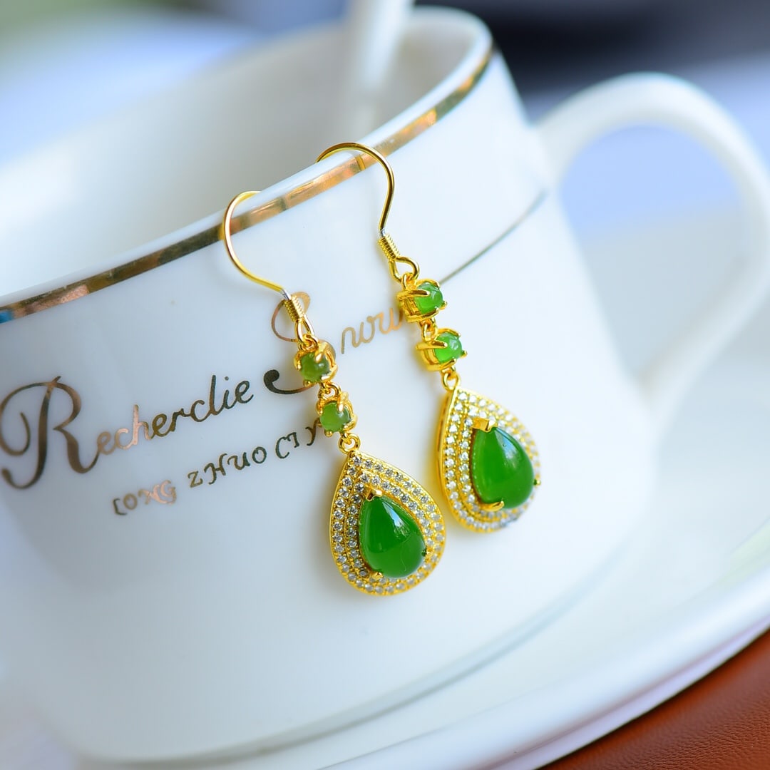 A Pair of Exquisite Sterling Silver-Gold Plated Inlaid Jasper Earrings,Inlaid Diamond: A Pair of Exquisite Sterling Silver-Gold Plated Inlaid Jasper Earrings,Inlaid Diamond,Size:0.2inx0.4in
