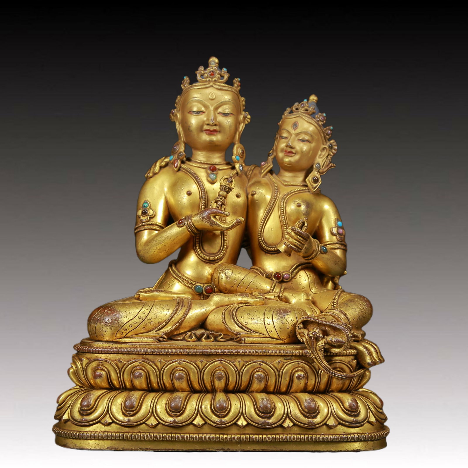 A Magnificent Gilt-Bronze Gem-Inlaid Figure Of Bodhisattva: A Magnificent Gilt-Bronze Gem-Inlaid Figure Of Bodhisattva. Seated on a base with a peaceful expression, body adorned with jewelry ornaments, topknot surmounted by a splendid diadem. Chinese Ming