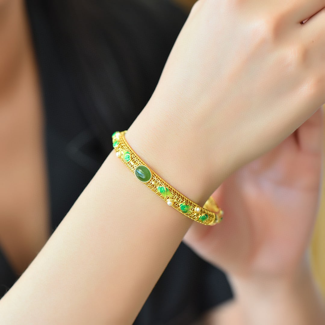An Exquisite Sterling Silver-Gold Plated Inlaid Jasper Enamel Bracelets, Inlaid Pearl (1 of 6)