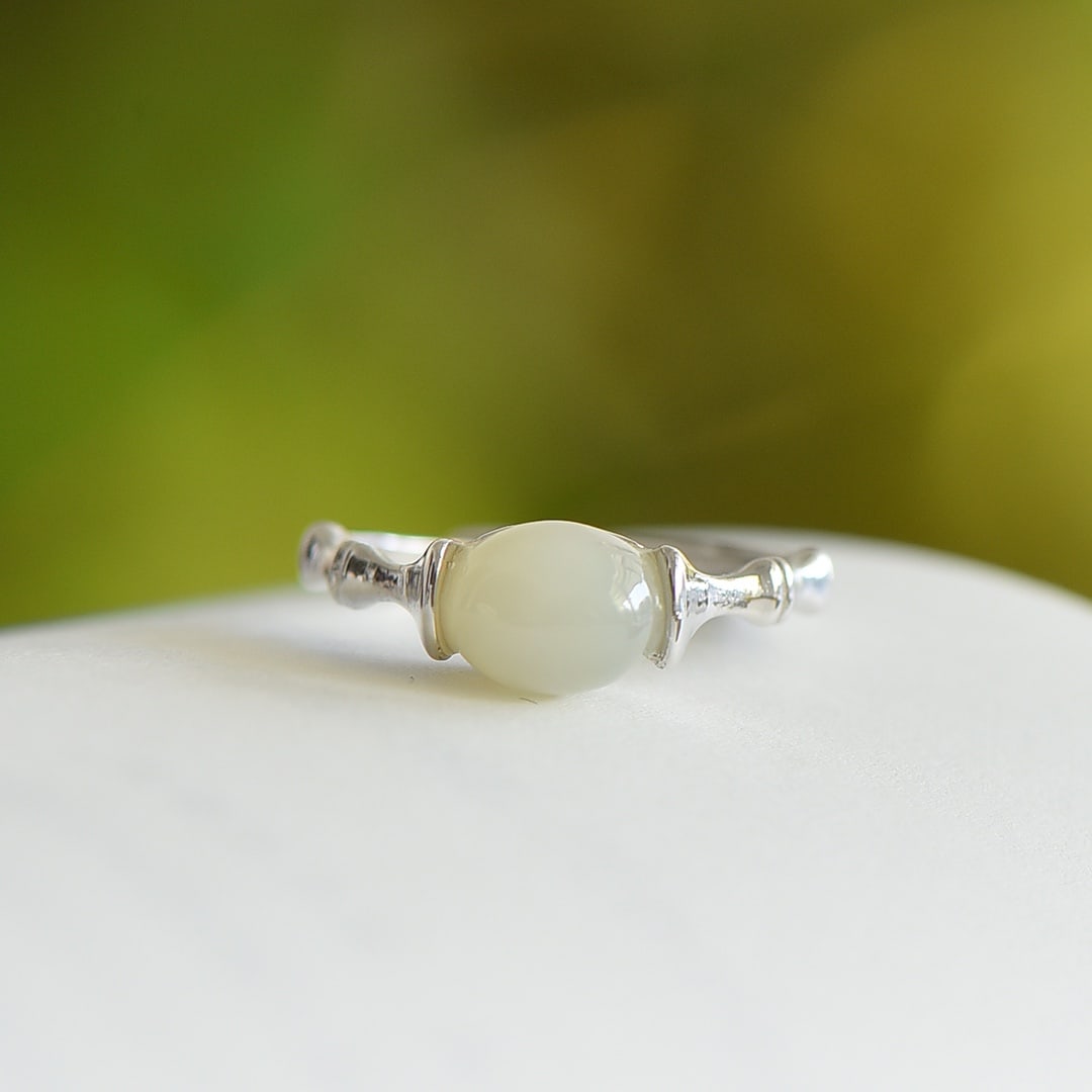 An Exquisite Sterling Silver Inlaid White Jade Ring (1 of 6)