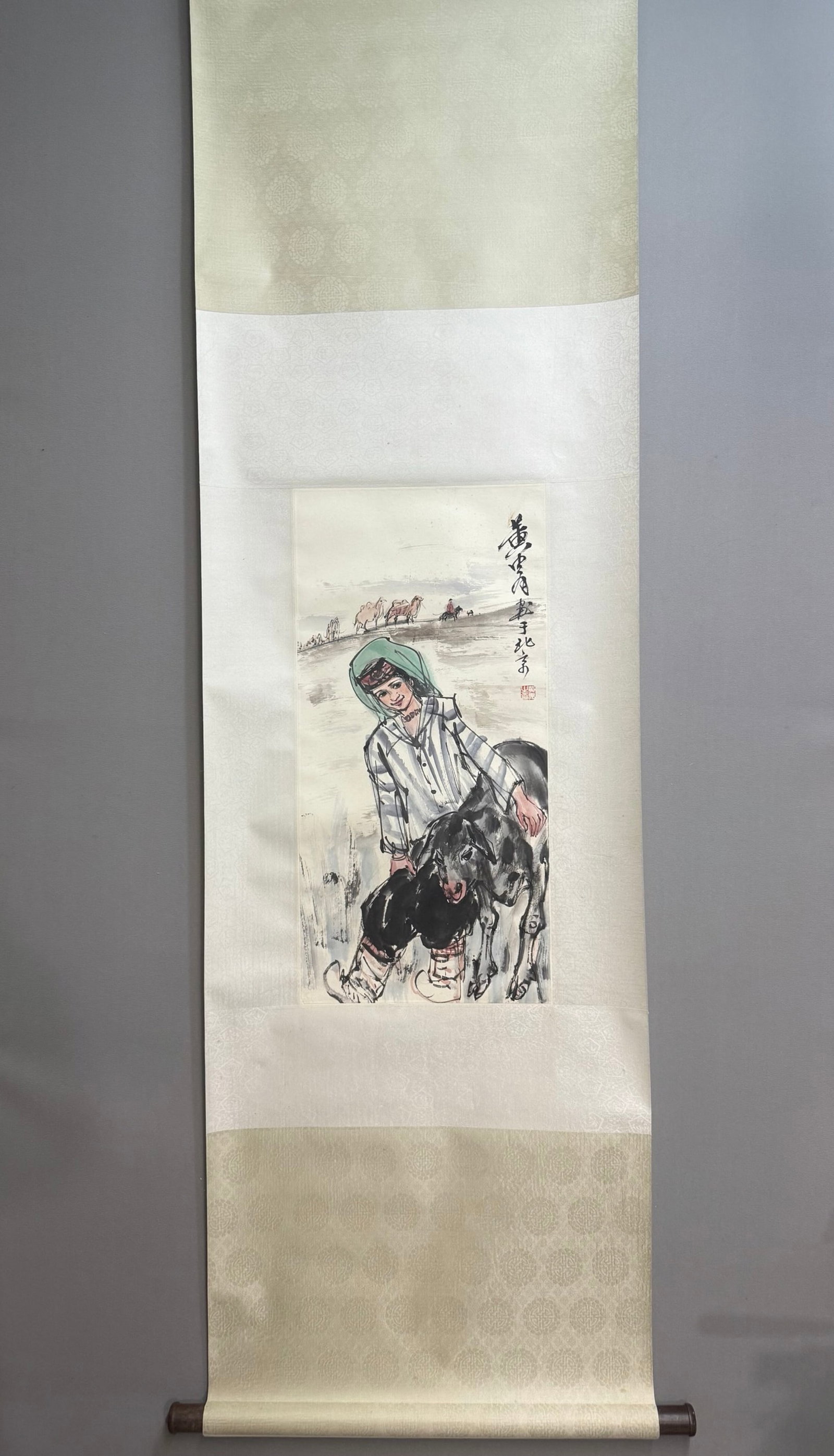 A Chinese Vertical Scroll Ink Painting of Figure on Paper: A Chinese Vertical Scroll Ink Painting of Figure on Paper,Huang Zhou,Size:26.8inx13in 一幅中国水墨人物画立轴,黄胄