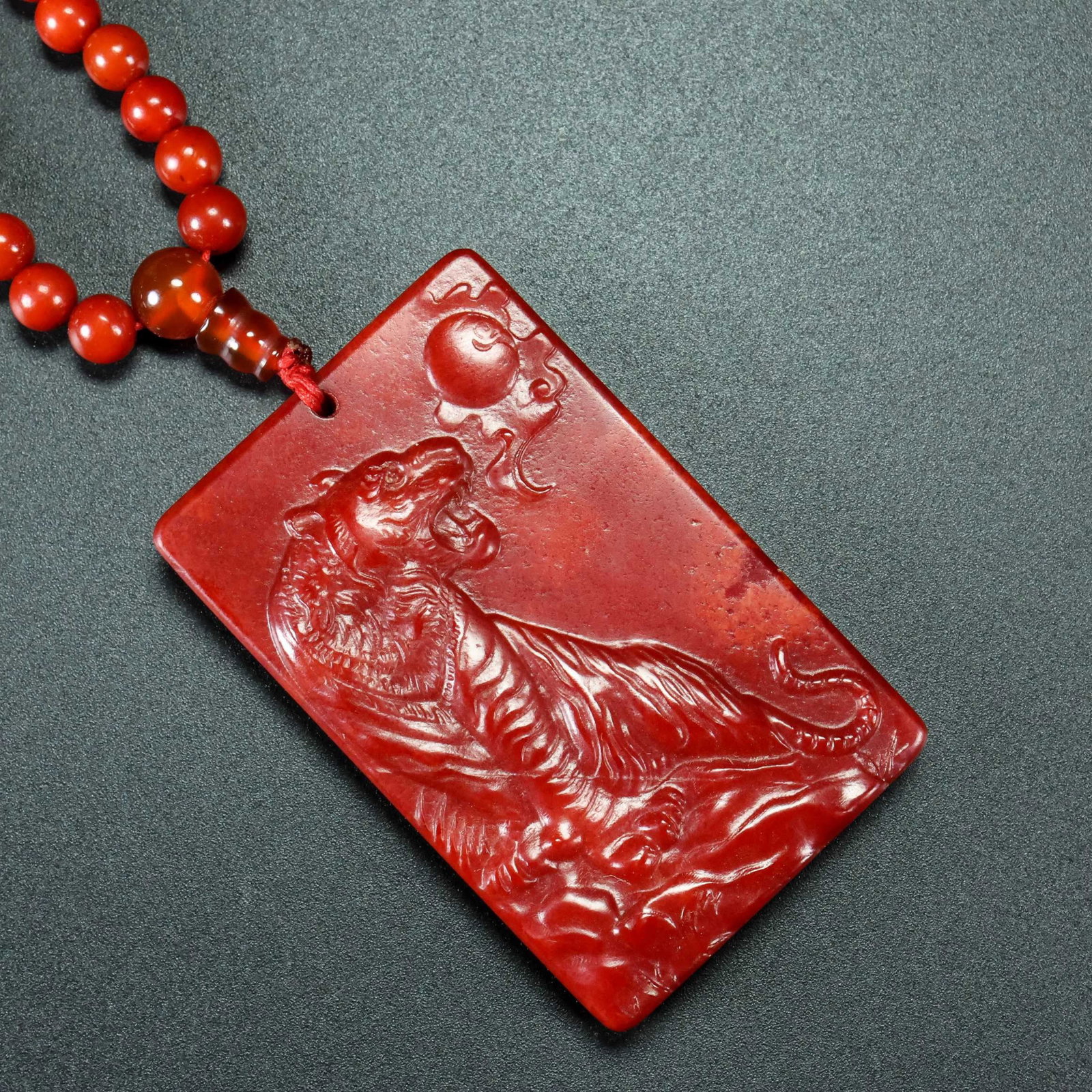 An Exquisite Red Jade Tiger Pattern Pendant,with Poem: An Exquisite Red Jade Tiger Pattern Pendant,with Poem,Qing Dynasty,China,Size:2.4inx1.5inx0.4in,Weight:98g