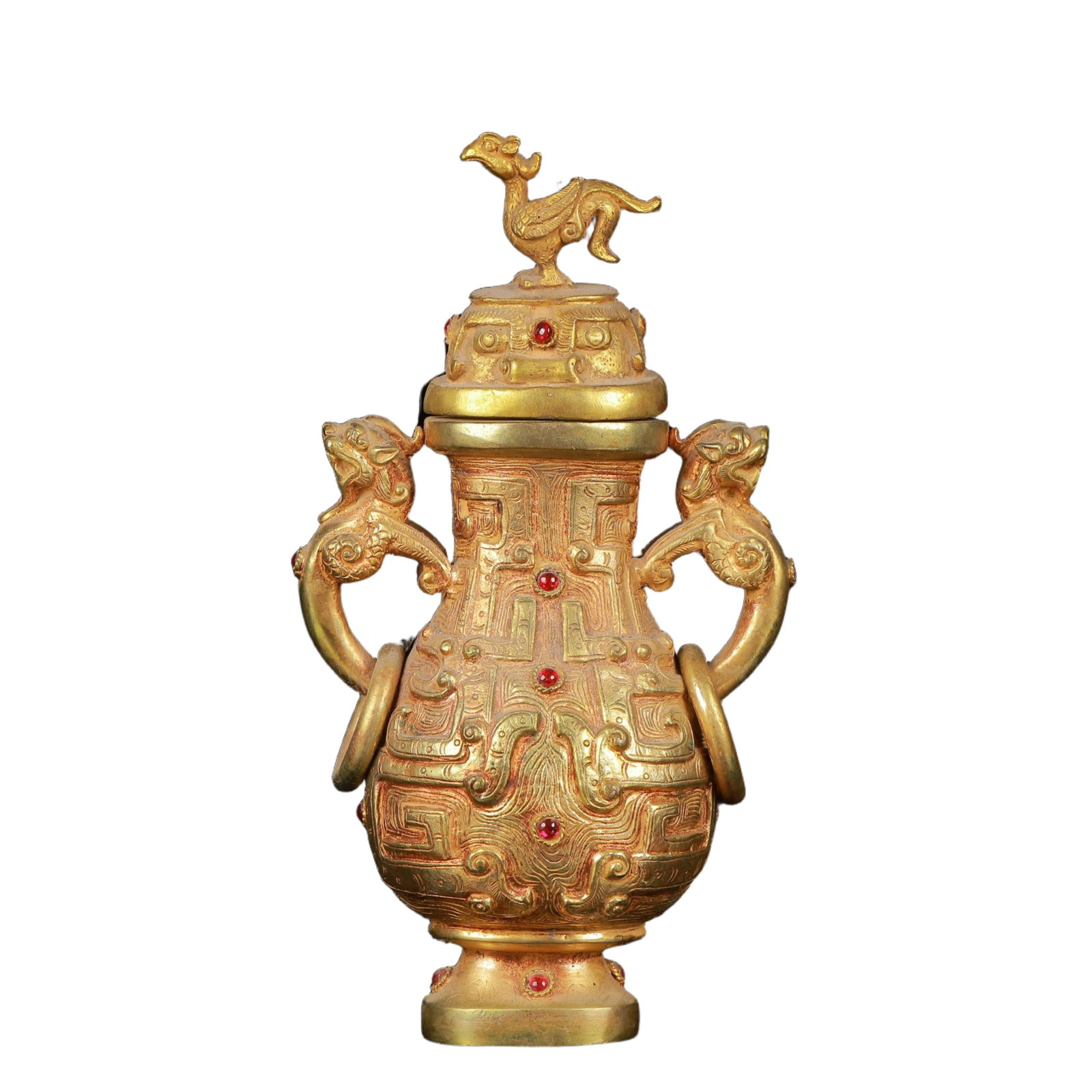 An Exquisite Gilt Bronze Phoenix Pattern Beast-Ears Tripod Vase,Inlaid Gems: An Exquisite Gilt Bronze Phoenix Pattern Beast-Ears Tripod Vase,Inlaid Gems,Qing Dynasty,China,Size:3.9inx2inx6.7in,Weight:893g