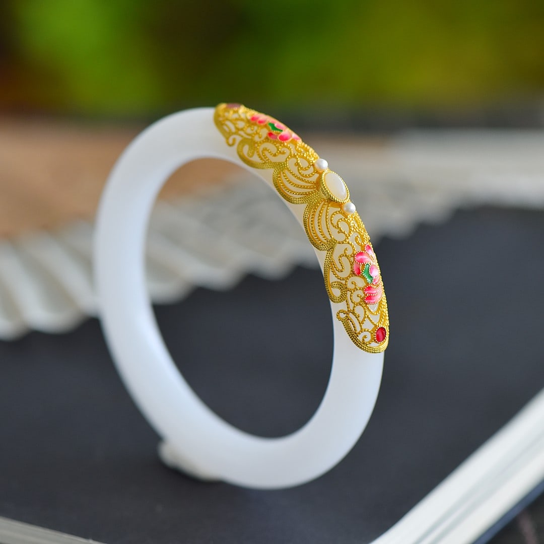 An Exquisite Sterling Silver-Gold Plated Inlaid White Jade Enamel Bracelets,Inlaid Pearls (1 of 6)