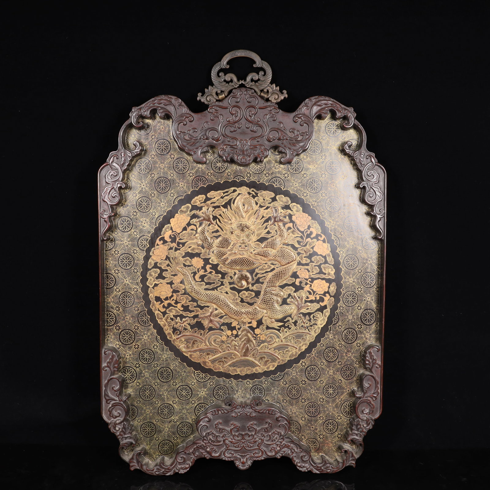 A Huge Lacquerware Painted Gold Auspicious Cloud and Dragon Pattern Hanging Panel (1 of 5)