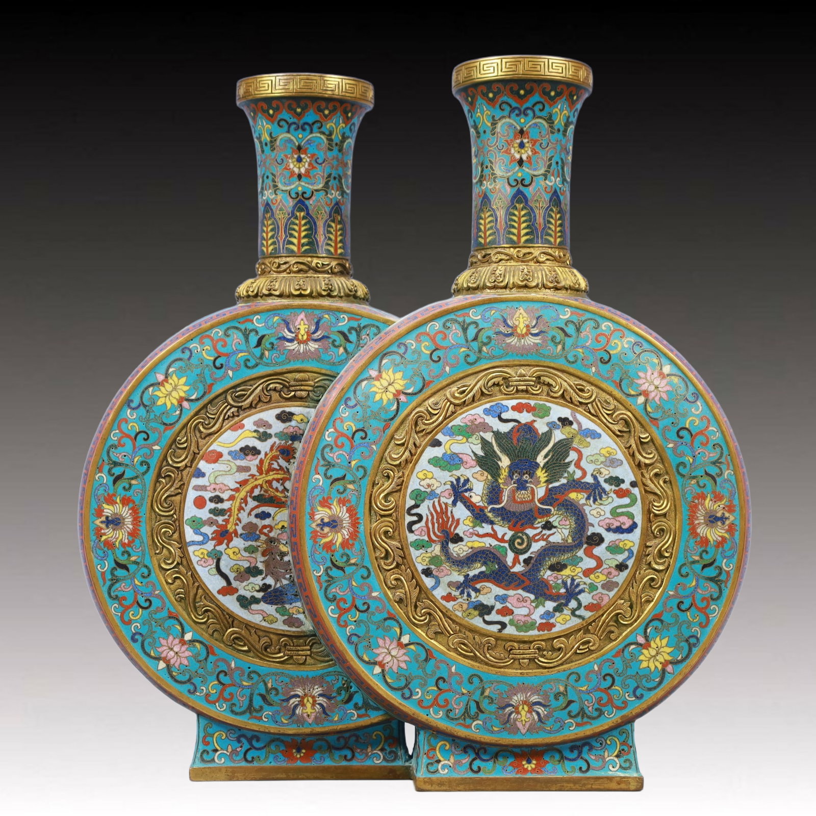 An Exquisite Cloisonne Dragon and Phoenix Pattern Vase: An Exquisite Cloisonne Dragon and Phoenix Pattern Vase,Qing Dynasty, China, Qianlong Four-character Mark,Size:11inx3.9inx12.2inWeight:3450g