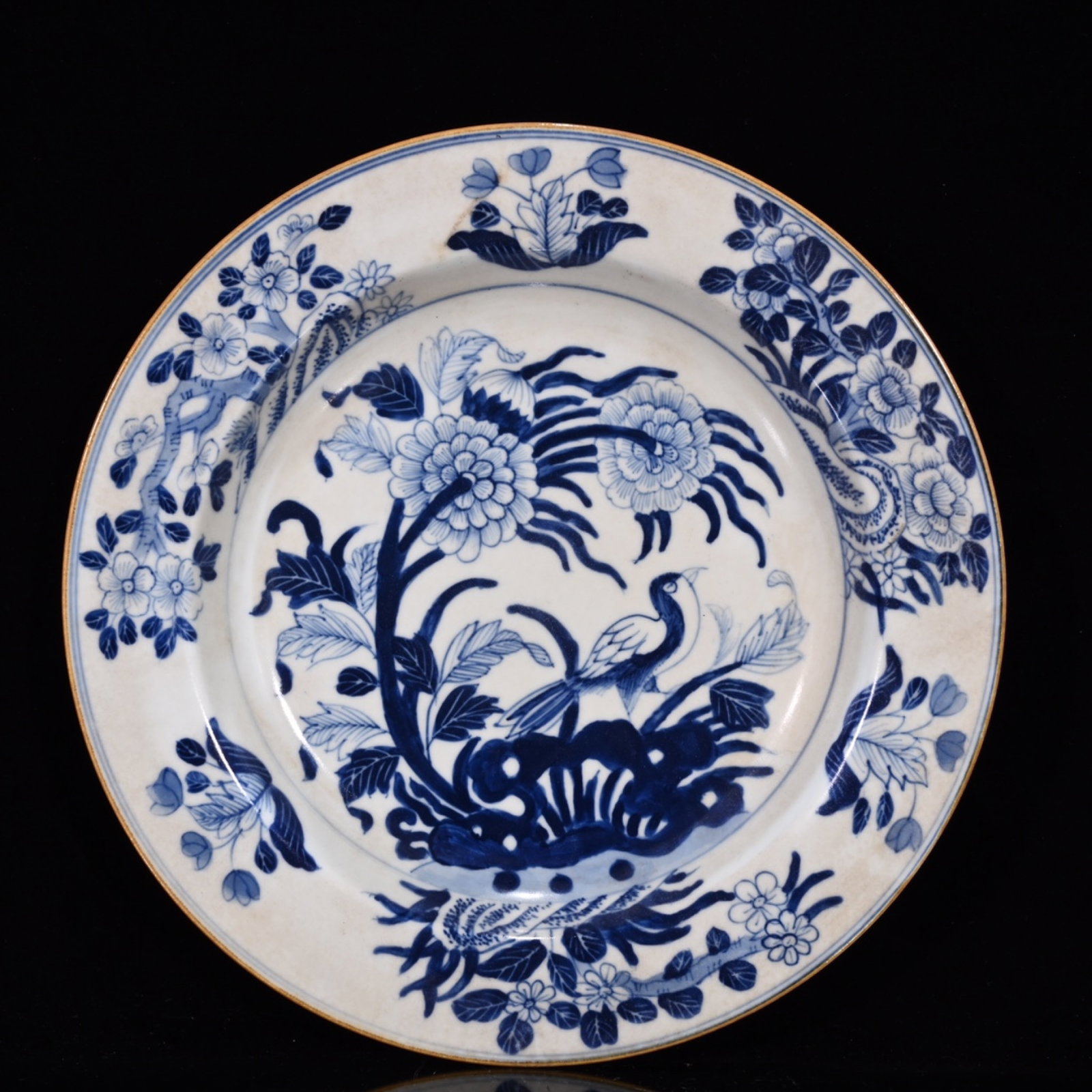 An Exquisite Blue and White Flower and Bird Pattern Plate: An Exquisite Blue and White Flower and Bird Pattern Plate,Qing Dynasty,China,Size:1.1inx9.1in 青花花鸟纹盘子,中国清代