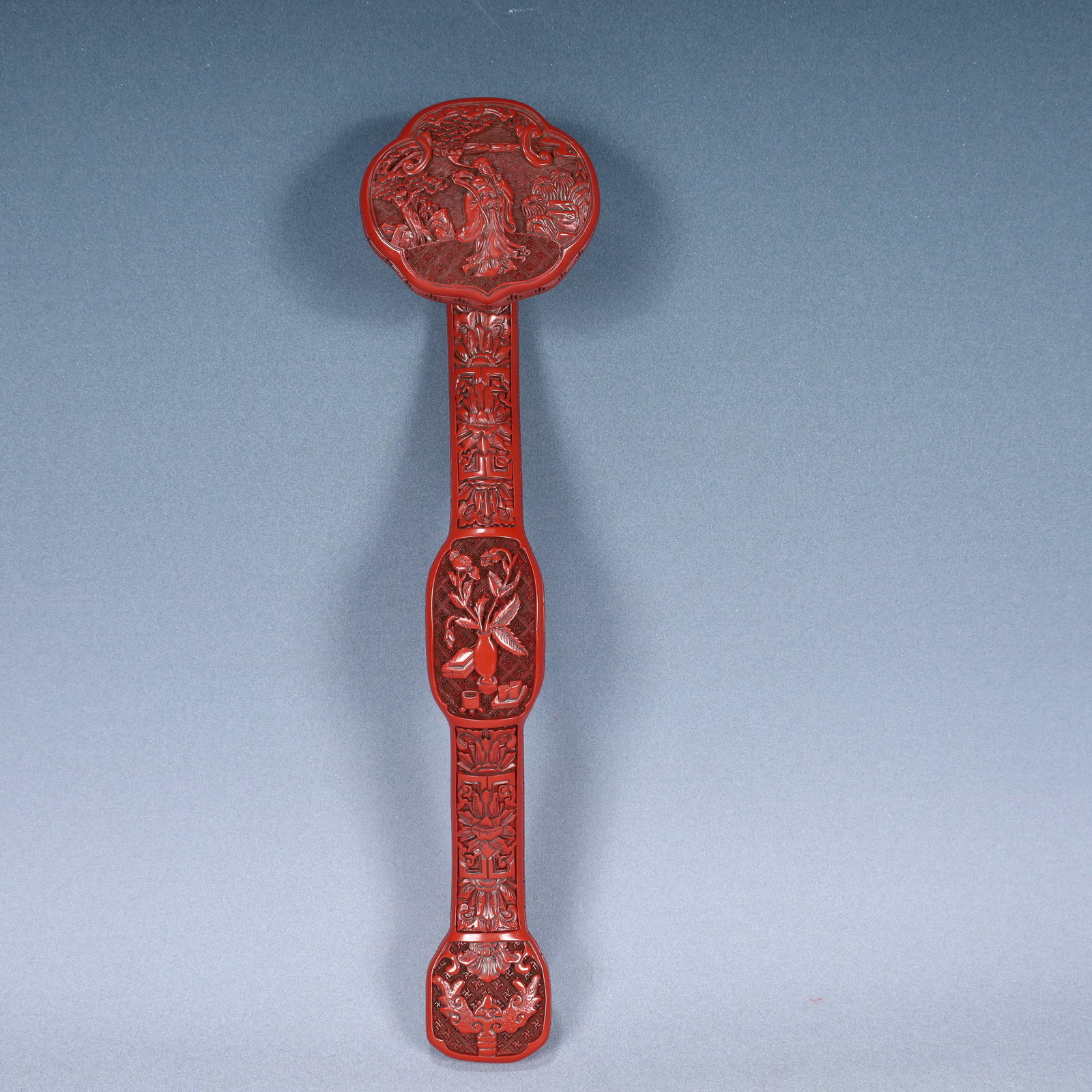 A Huge Carved Red Lacquer Lotus and Figure Pattern Ruyi: A Huge Carved Red Lacquer Lotus and Figure Pattern Ruyi,Qing Dynasty, China,Qianlong Four-character Mark,Size:17.3inx4.3inx3.9in,Weight:650g