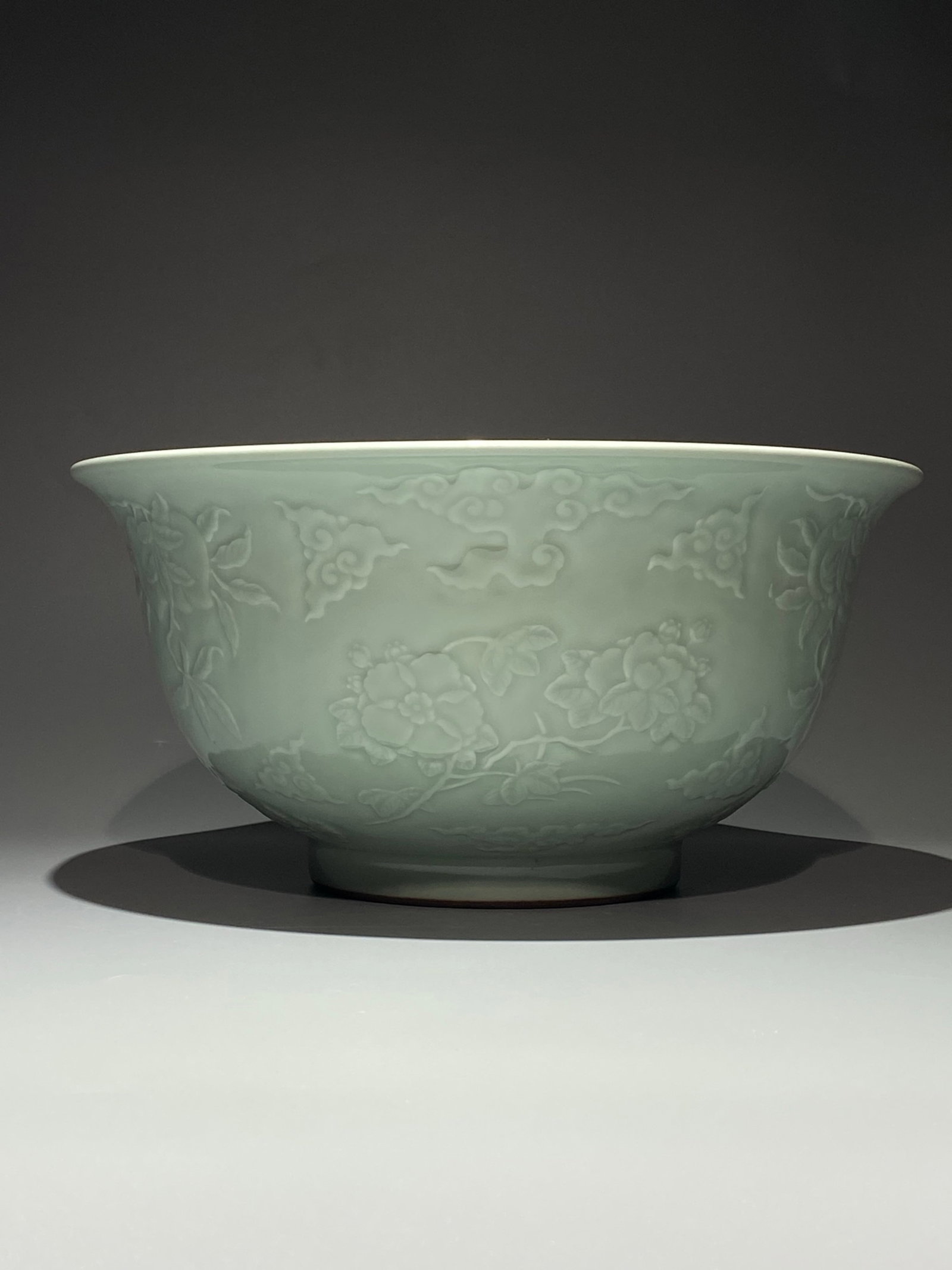 A Rare Celadon Glazed Flower and Fruit Pattern Bowl: A Rare Celadon Glazed Flower and Fruit Pattern Bowl,Qing Dynasty,China,Yongzheng Six-character Mark,Size:6.5inx13.4in 粉青釉花果纹碗,中国清&