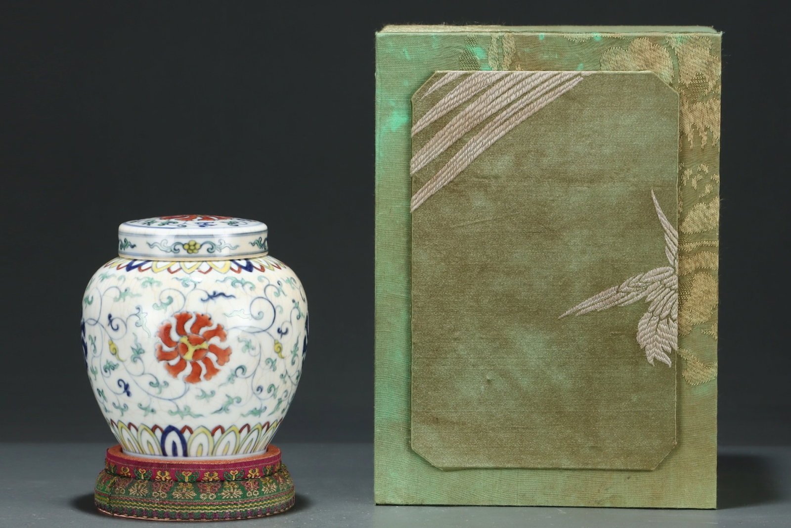 An Exquisite Doucai Lotus Pattern Jar with Cover: An Exquisite Doucai Lotus Pattern Jar with Cover,Ming Dynasty,China,Chenghua Six-character Mark,Size:4.9inx4.8in 斗彩缠枝莲纹盖罐,中国਴