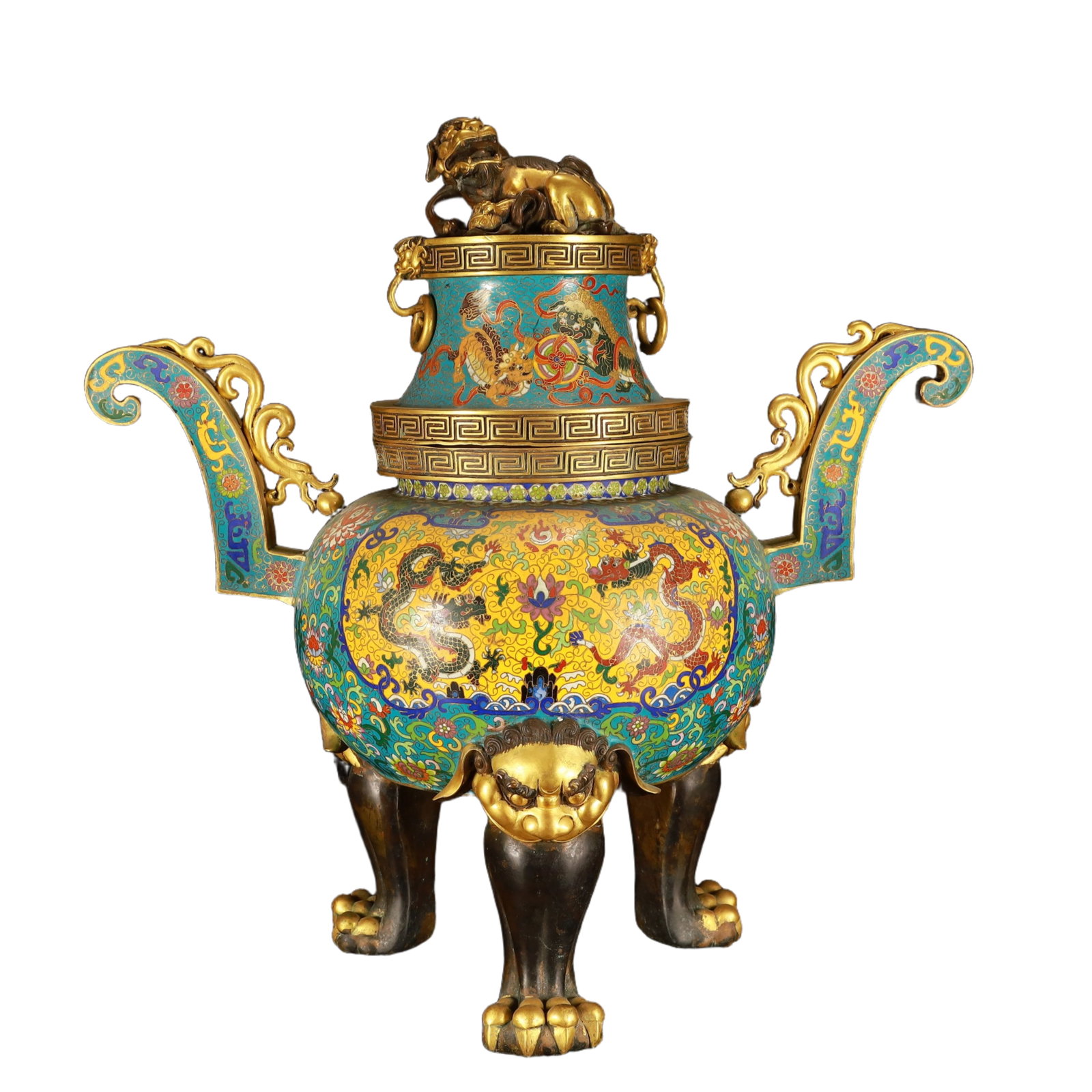 A Huge Cloisonne Lotus Dragon Pattern Double-Ears and Beast-Legs Censer: A Huge Cloisonne Lotus Dragon Pattern Double-Ears and Beast-Legs Censer,(A type of enamelware with metal wires separating colored glaze, originating in China),Qing Dynasty,China,Qianlong Four-characte