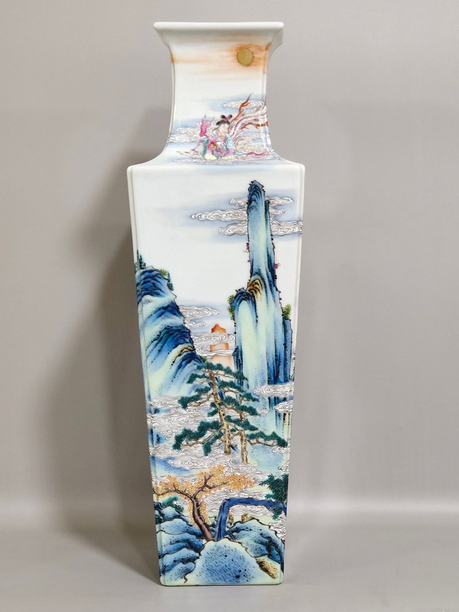 A Rare Famille-Rose Landscape and Figure Pattern Vase: A Rare Famille-Rose Landscape and Figure Pattern Vase,Qing Dynasty,China,Qianlong Six-character Mark,Size:13.8inx4.3in