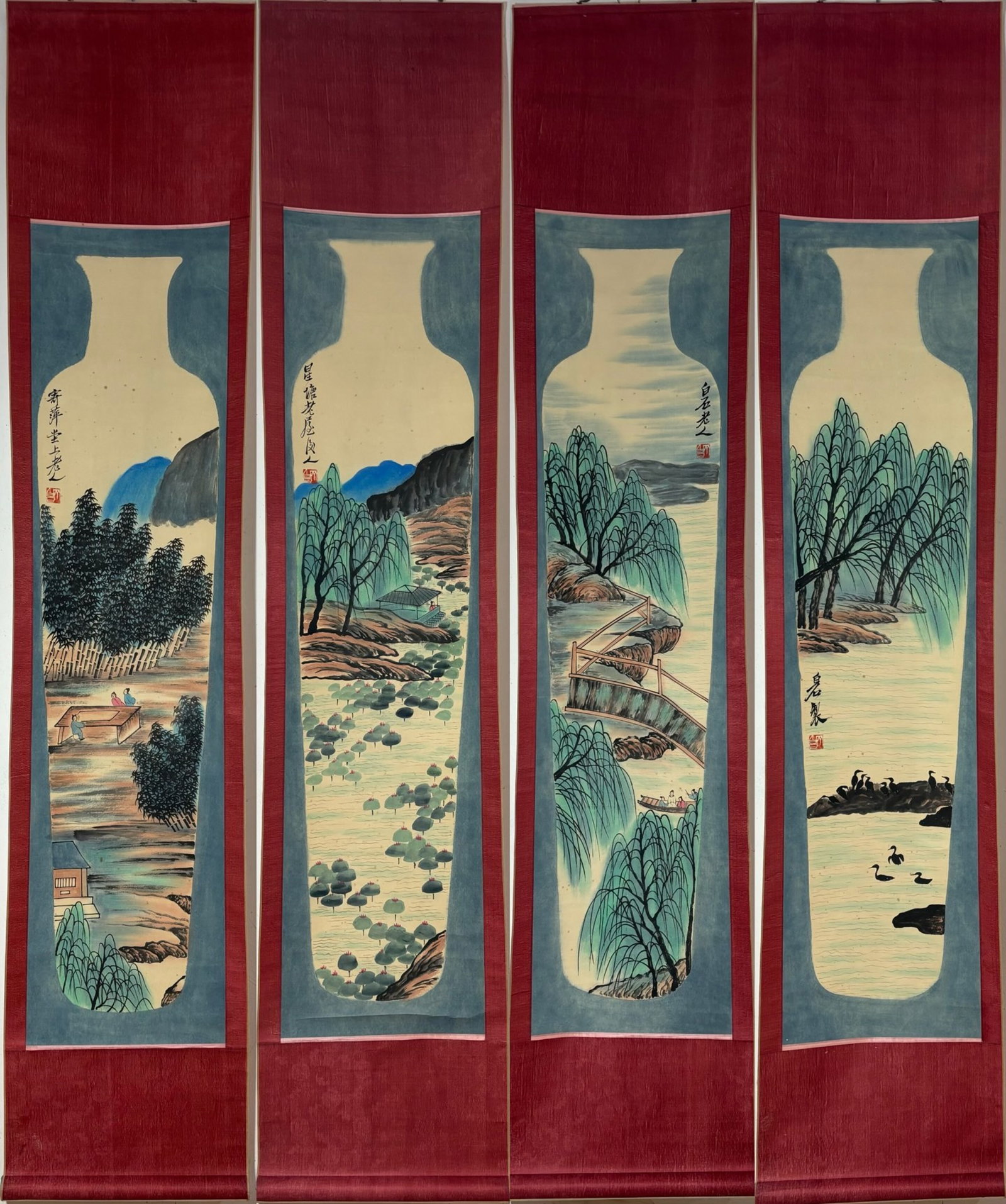 A Set of Chinese Vertical Scroll Ink Painting of Landscape on Paper,Qi Baishi: A Set of Chinese Vertical Scroll Ink Painting of Landscape on Paper,Qi Baishi,Size:(Without frame)53.7inx13in*4,(Entirety)78inx16.1in*4