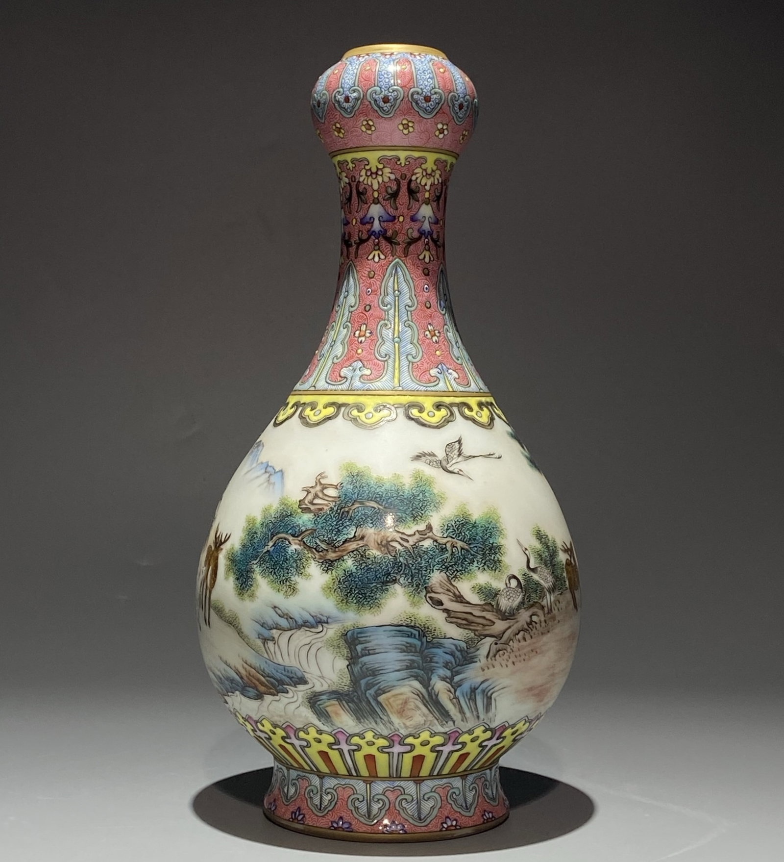 An Exquisite Famille-Rose Painted Gold Pine,Deer and Crane Pattern Vase: An Exquisite Famille-Rose Painted Gold Pine,Deer and Crane Pattern Vase,Qing Dynasty,China,Qianlong Six-character Mark,Size:11inx5.5in