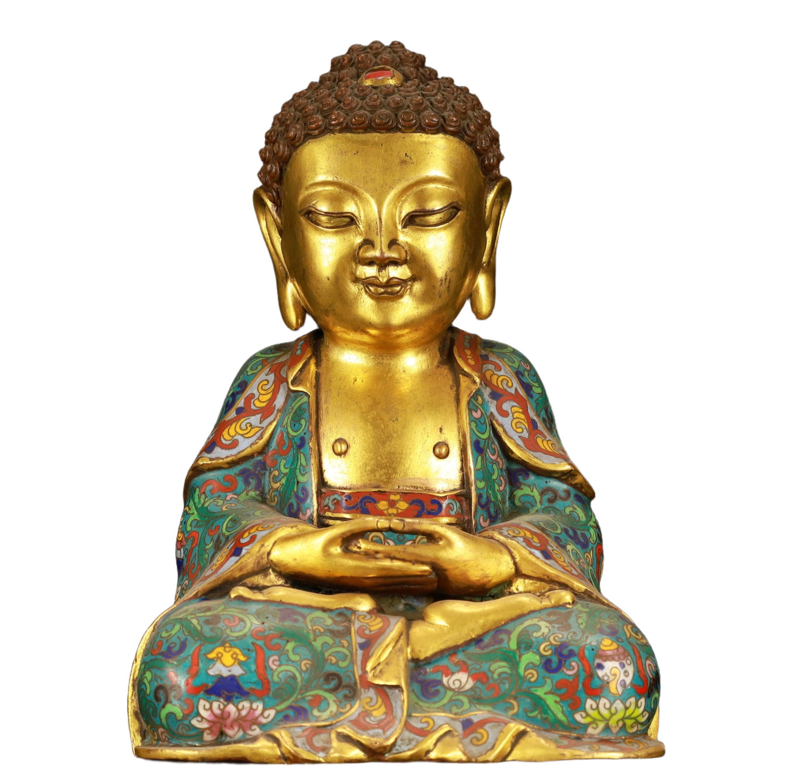 An Exquisite Cloisonne Lotus Pattern Statue of Sakyamuni: An Exquisite Cloisonne Lotus Pattern Statue of Sakyamuni,(A type of enamelware with metal wires separating colored glaze, originating in China),Qing Dynasty,China,Size:6.3inx5.1inx9.1in,Weight:5000g &