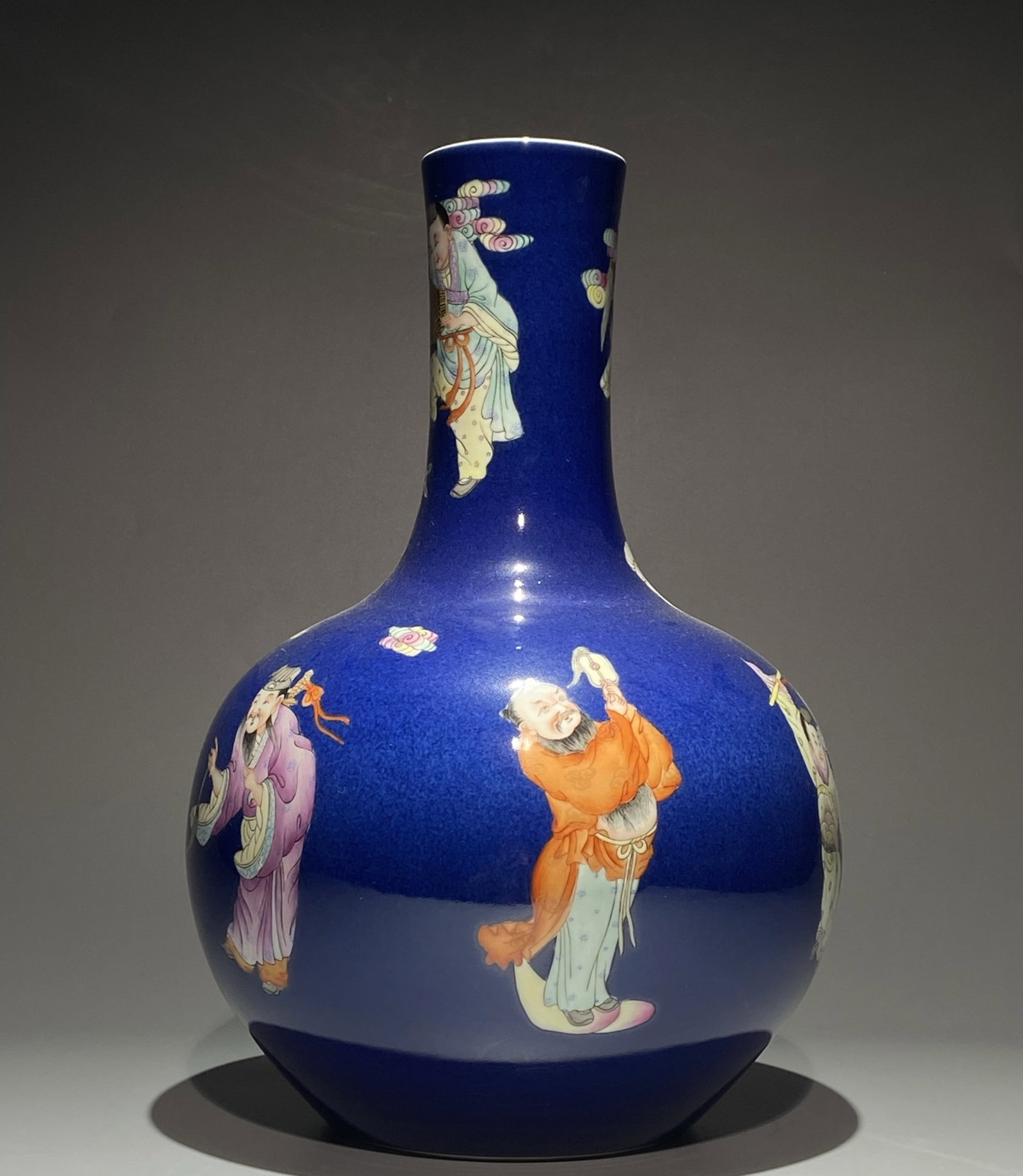 A Huge Blue Glazed Famille-Rose Figure Pattern Vase: A Huge Blue Glazed Famille-Rose Figure Pattern Vase,Qing Dynasty,China,Qianlong Six-character Mark,Size:15.7inx10.6in
