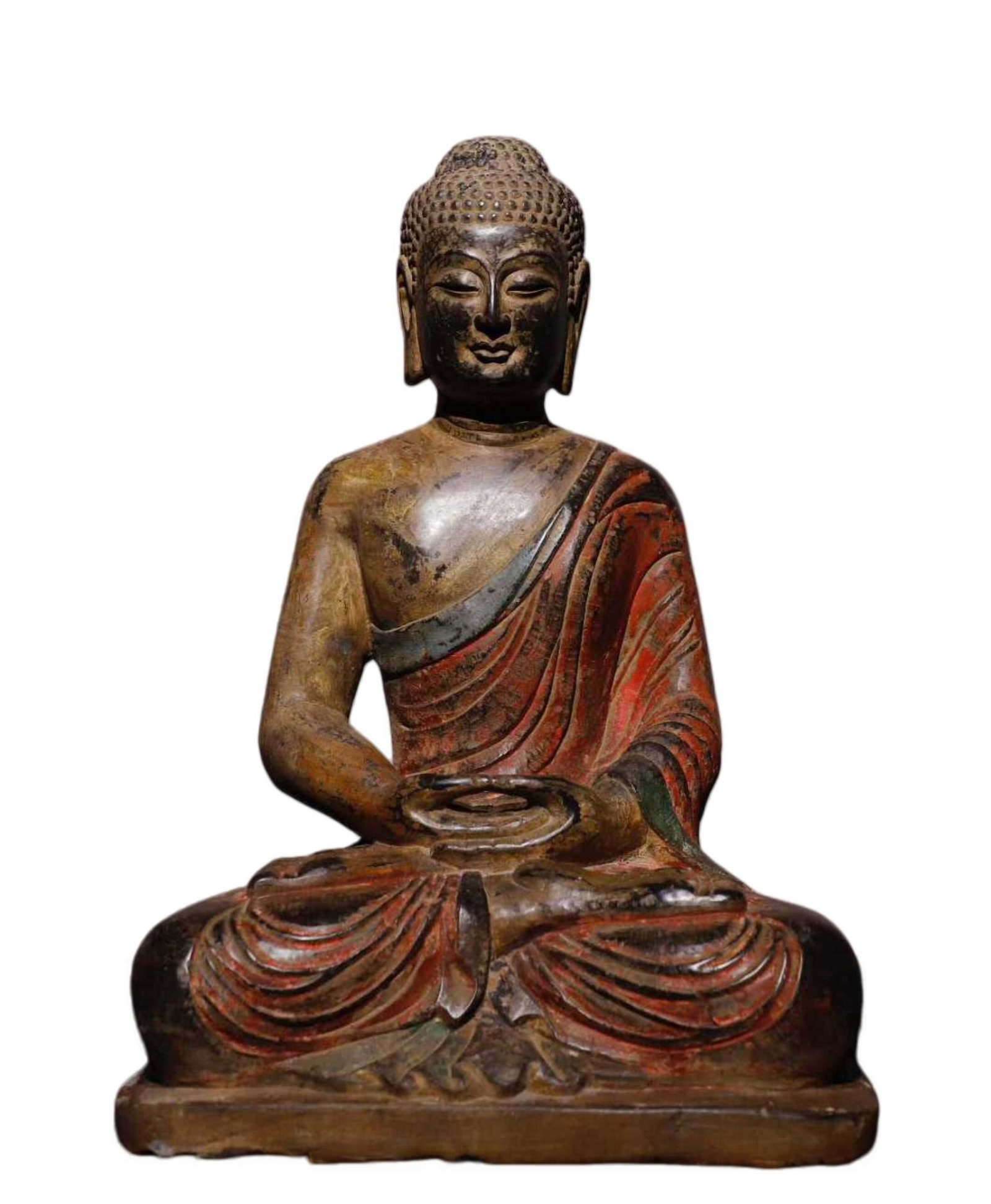 A Solemn Limestone Painted Color Statue of Sakyamuni: A Solemn Limestone Painted Color Statue of Sakyamuni,Tang Dynasty,China,Size:19.7inx13inx11in 青石彩绘释迦摩尼像,中国唐代