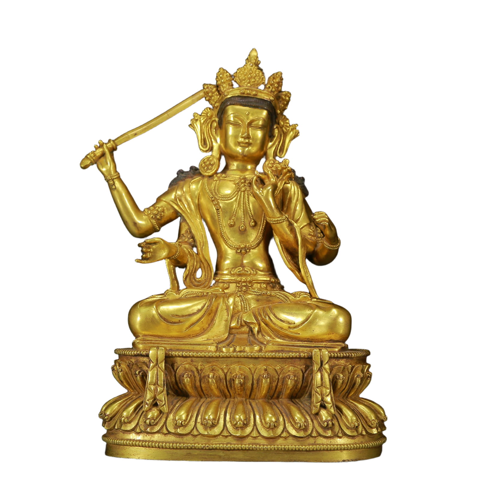 A Solemn Gilt Bronze Statue of Four-Armed Manjusri: A Solemn Gilt Bronze Statue of Four-Armed Manjusri,Qing Dynasty, China,Size:6.3inx4.3inx9.8in,Weight:3250g