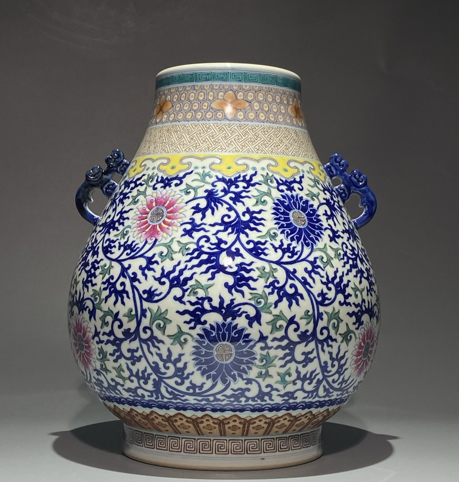 A Rare Blue and White Famille-Rose Lotus Pattern Double-Ears Vase: A Rare Blue and White Famille-Rose Lotus Pattern Double-Ears Vase,Qing Dynasty,China,Qianlong Six-character Mark,Size:13.4inx11in