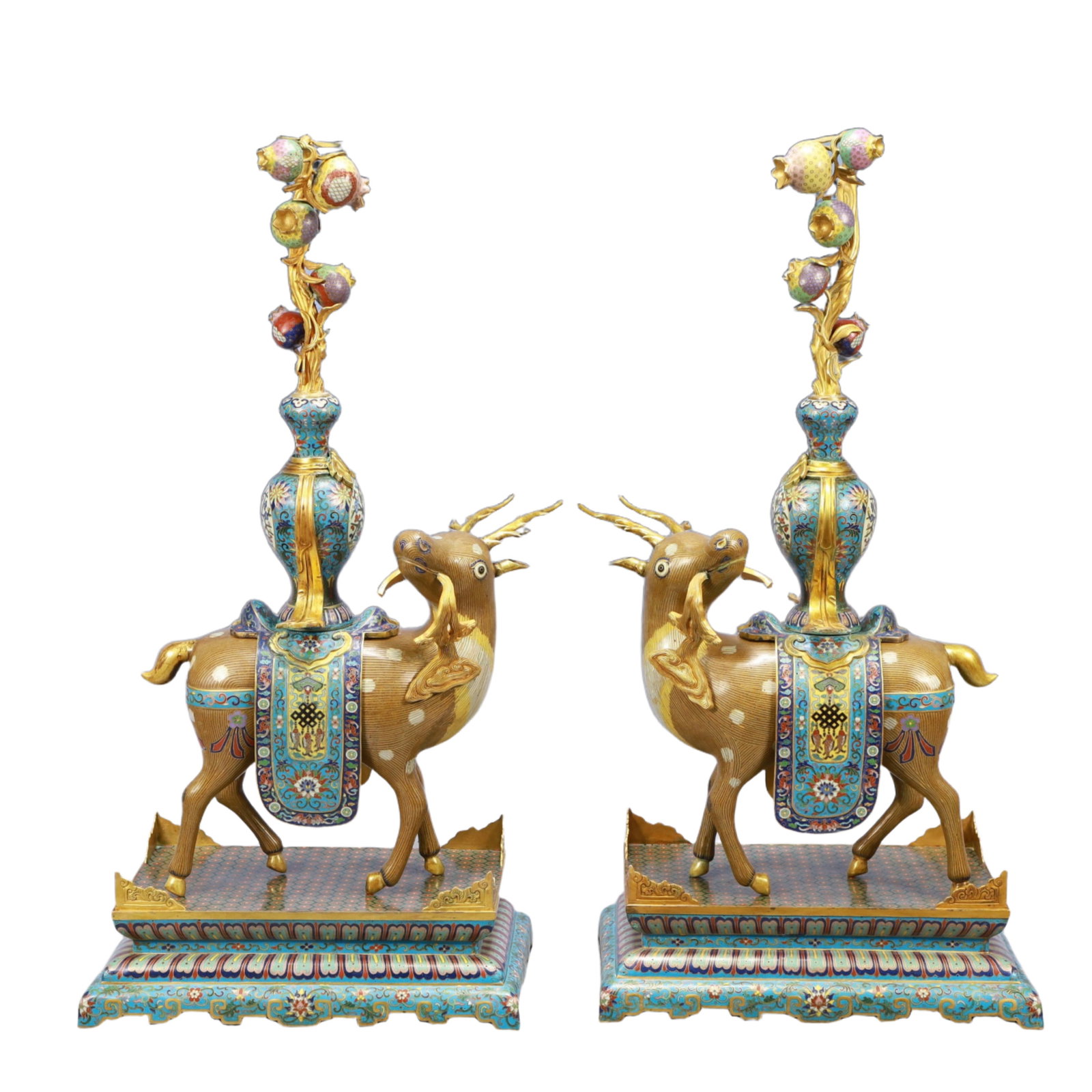 A Pair of Huge Cloisonne Sika Deer Ornaments: A Pair of Huge Cloisonne Sika Deer Ornaments,Qing Dynasty, China,Qianlong Four-character Mark,Size:12.6inx8.7inx26.4in,Total Weight:10700g